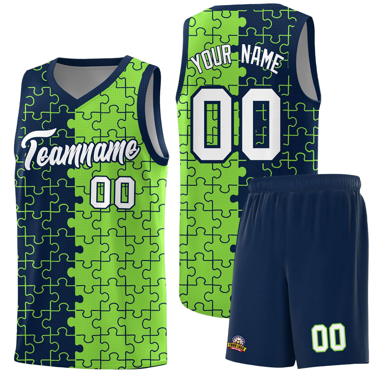 Custom Navy Neon Green Splid Basketball Kits With Puzzle Pattern
