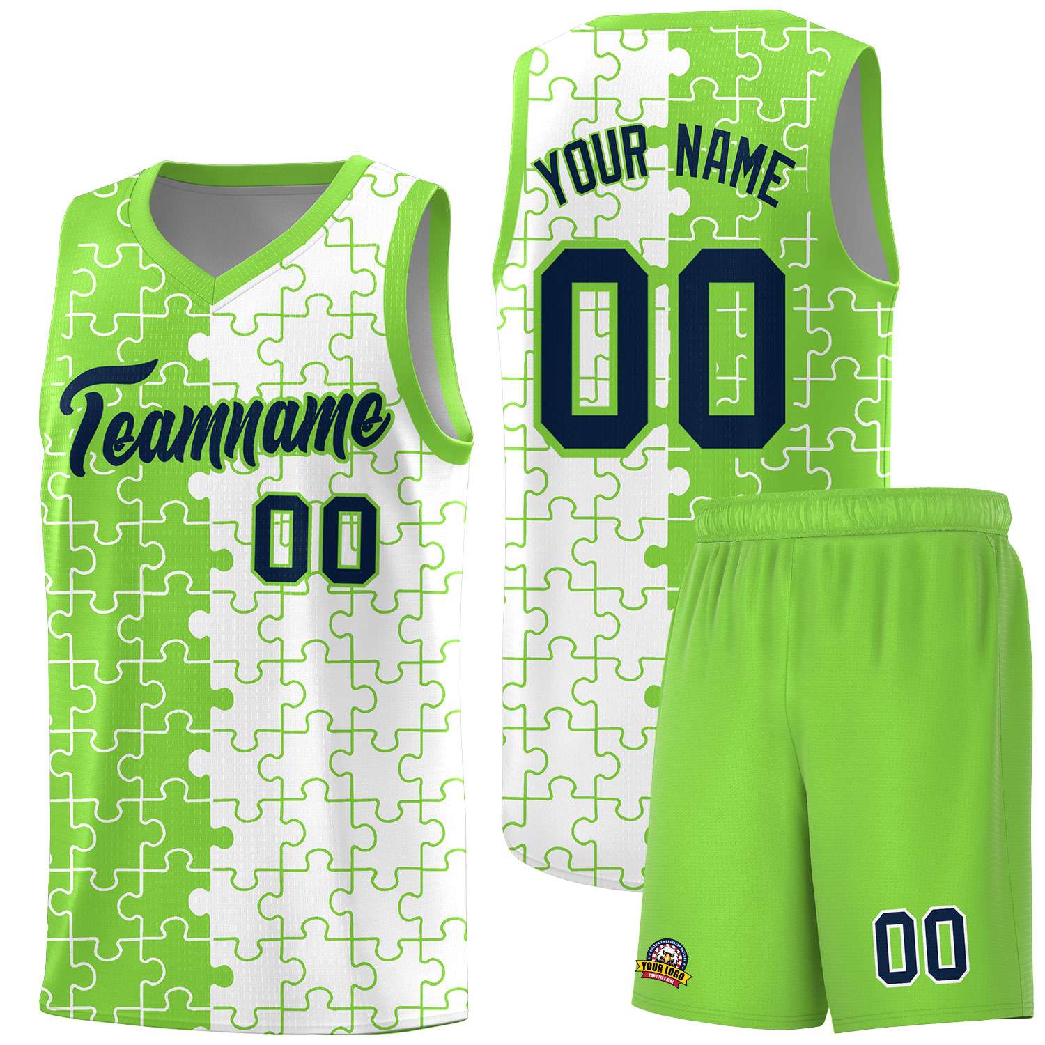 Custom Neon Green White Splid Basketball Kits With Puzzle Pattern