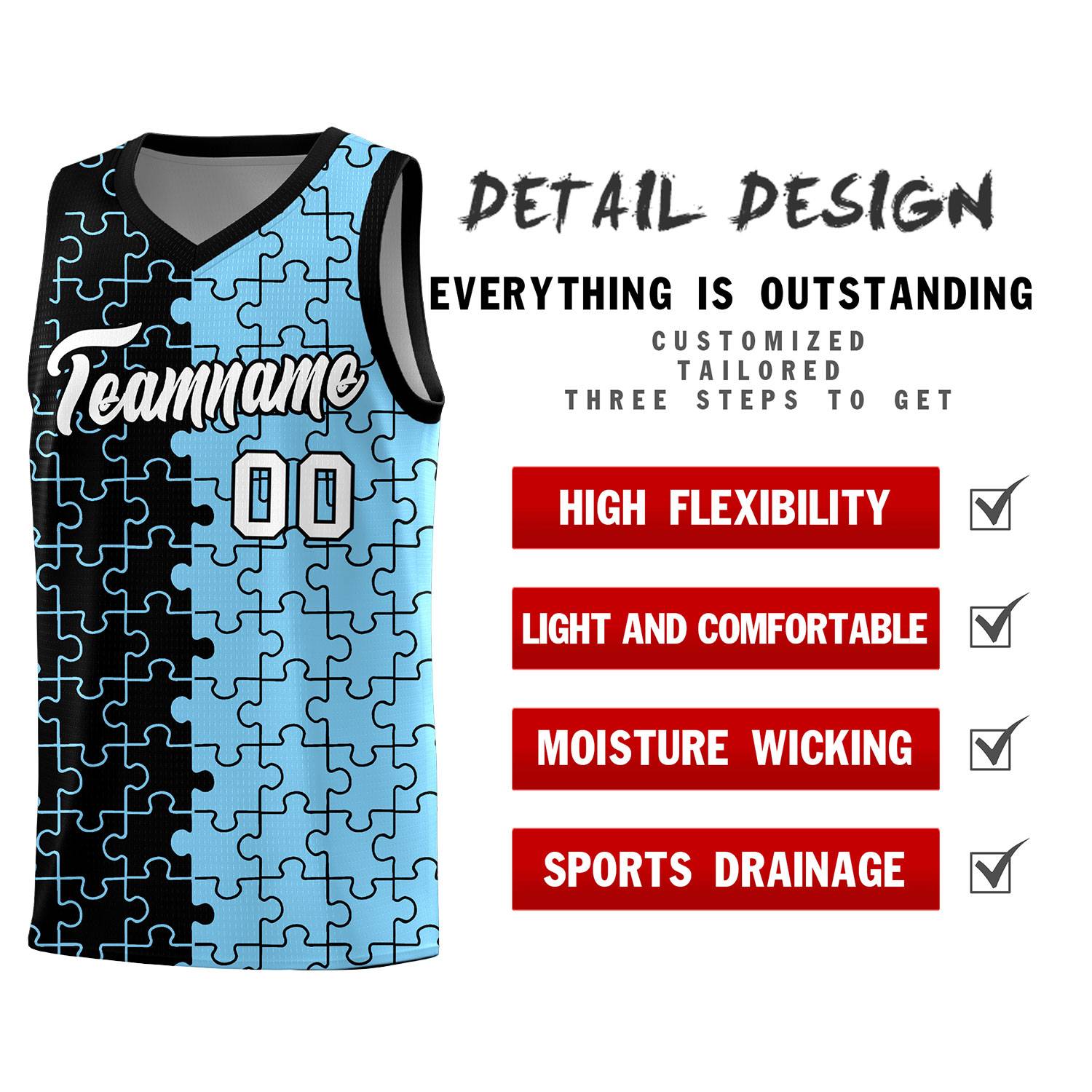 Custom Black Powder Blue Splid Basketball Kits With Puzzle Pattern