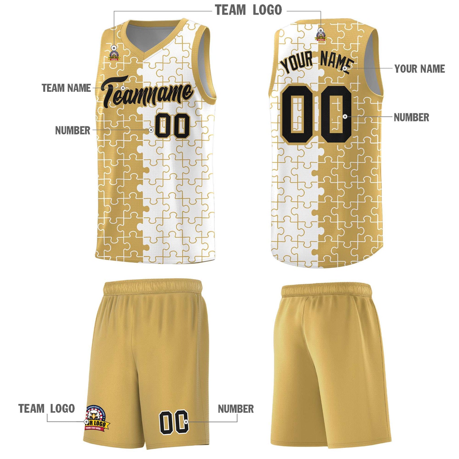 Custom Old Gold White Splid Basketball Kits With Puzzle Pattern