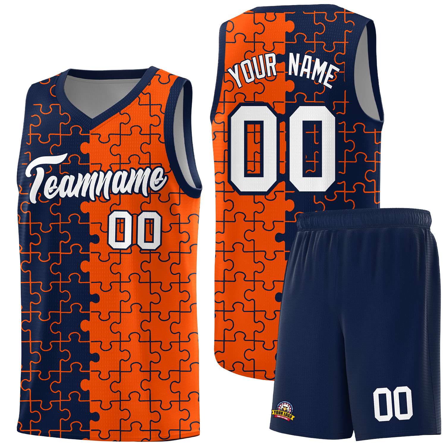 Custom Navy Orange Splid Basketball Kits With Puzzle Pattern