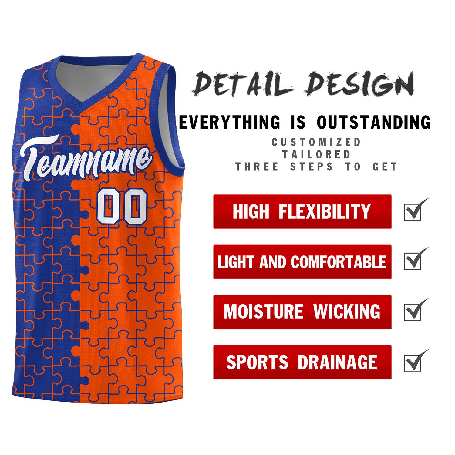 Custom Royal Orange Splid Basketball Kits With Puzzle Pattern