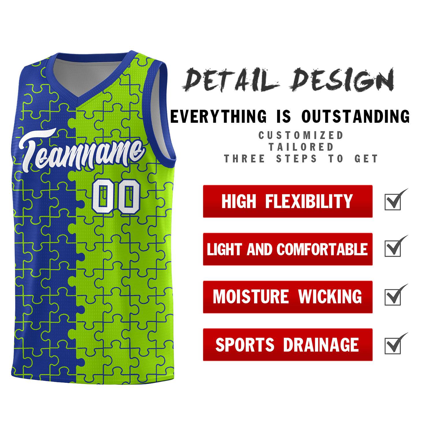 Custom Royal Neon Green Splid Basketball Kits With Puzzle Pattern