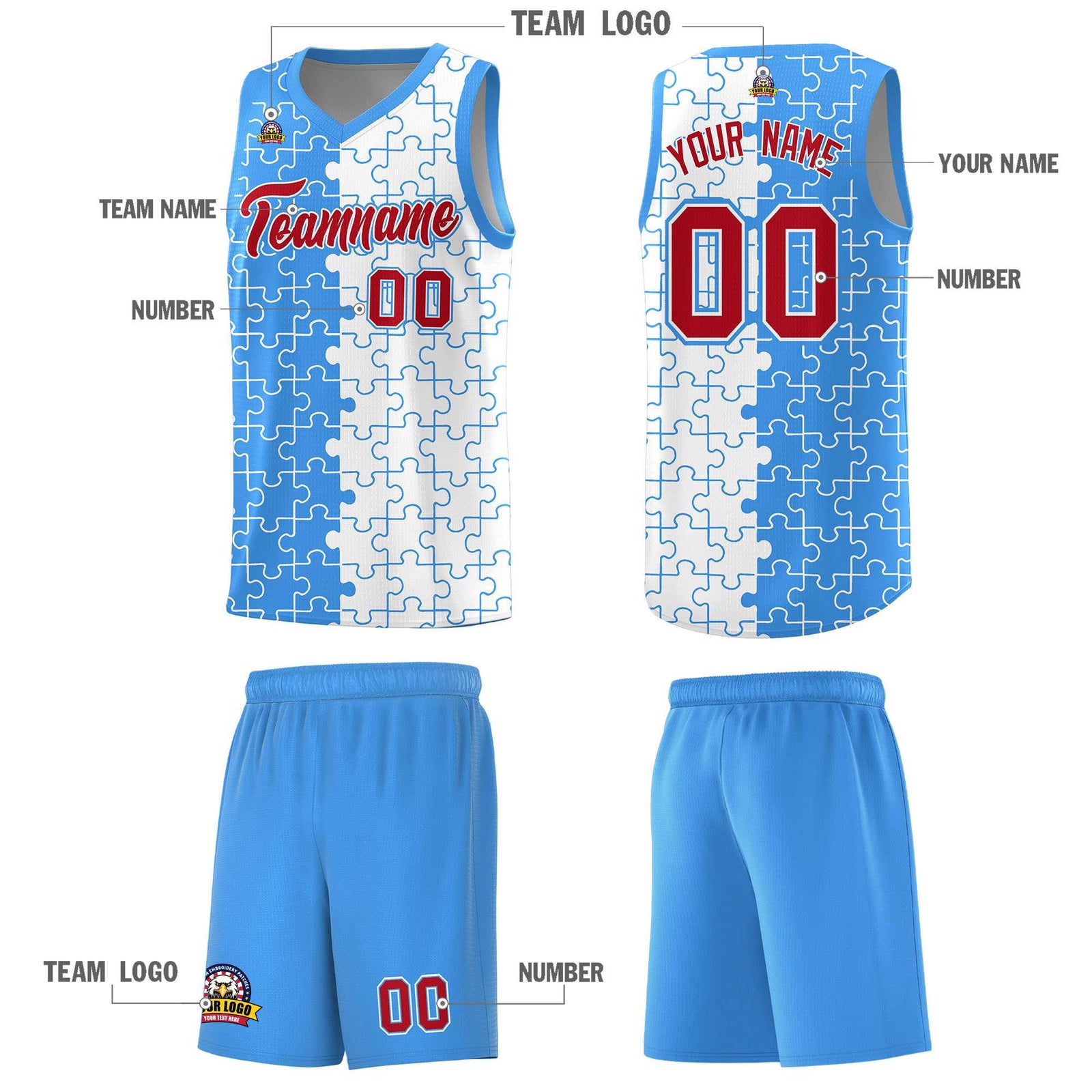 Custom Light Blue White Splid Basketball Kits With Puzzle Pattern