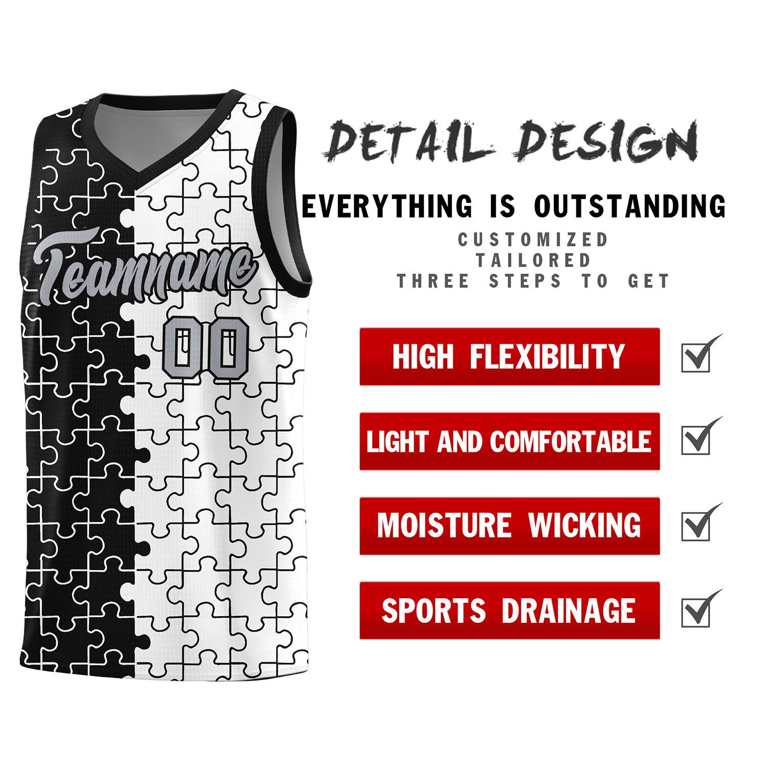 Custom Black White Splid Basketball Kits With Puzzle Pattern