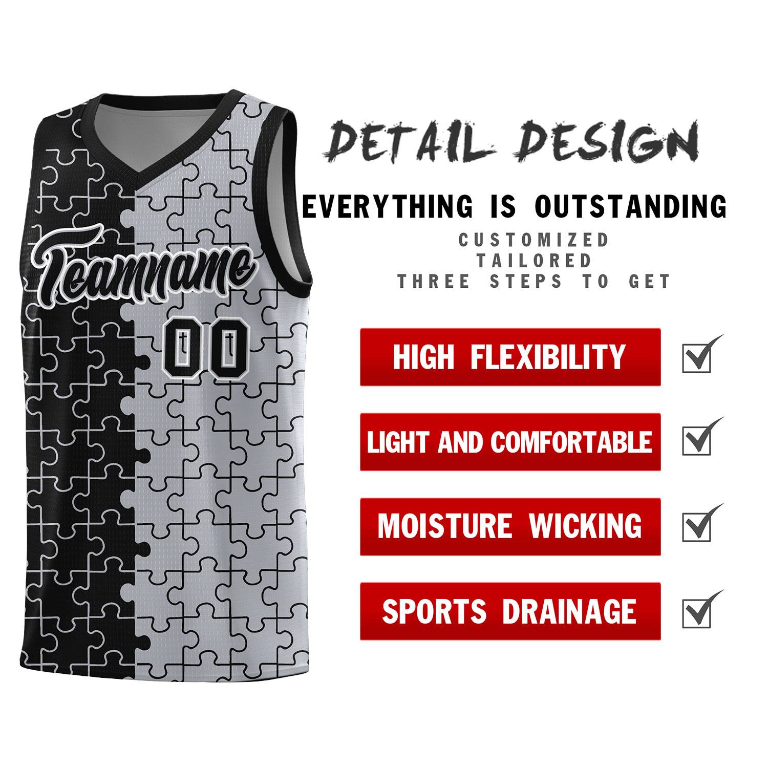 Custom Black Gray Splid Basketball Kits With Puzzle Pattern