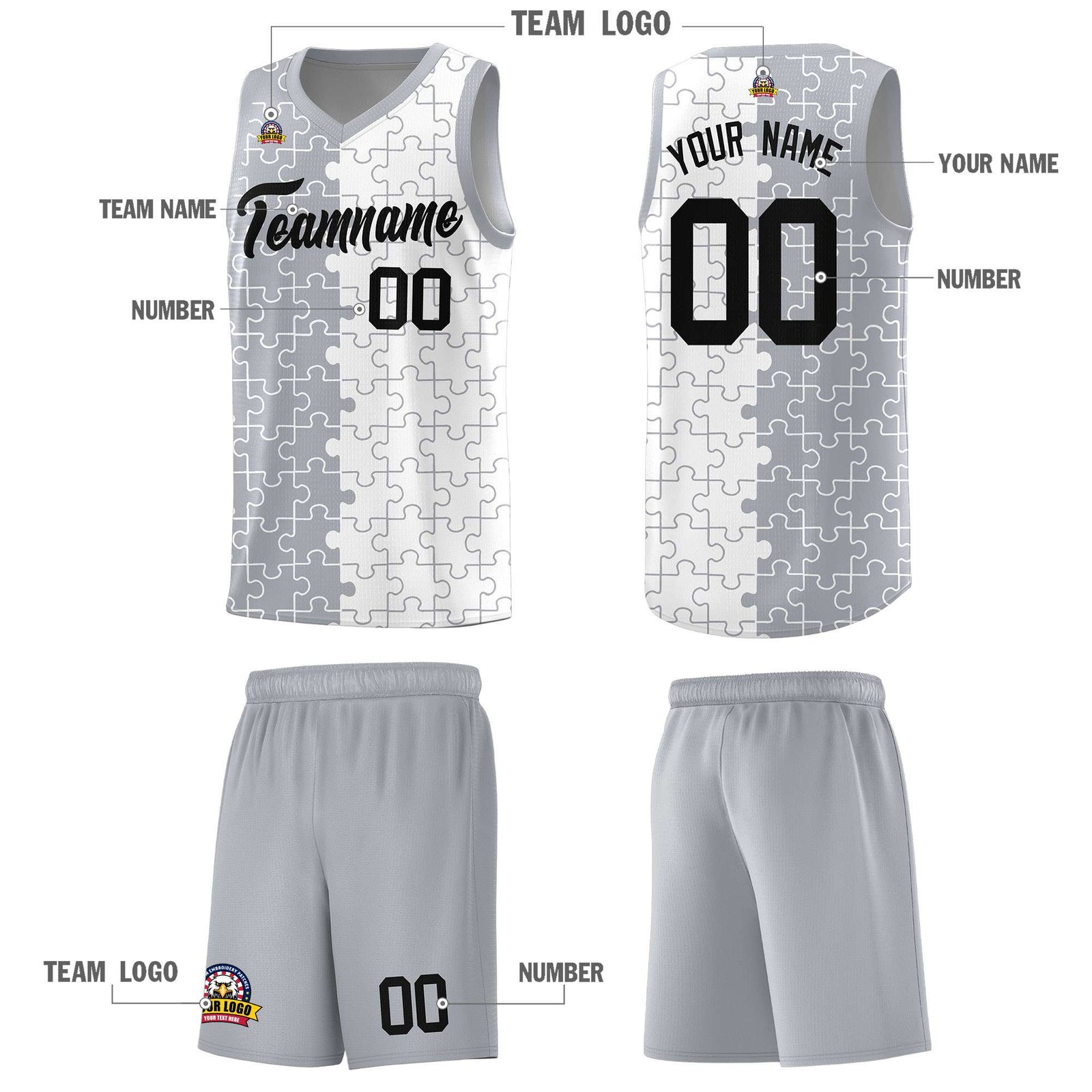 Custom Gray White Splid Basketball Kits With Puzzle Pattern