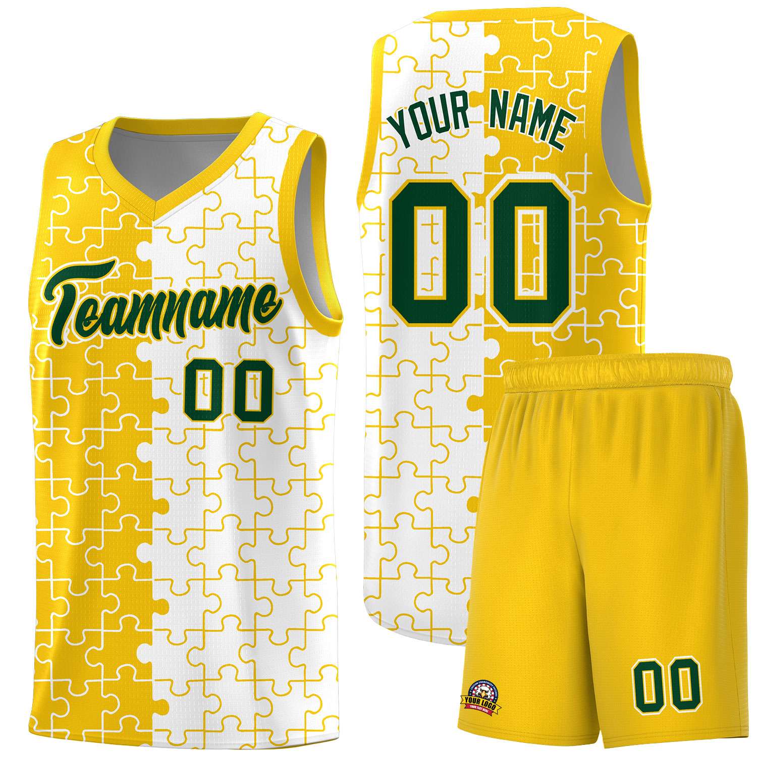 Custom Gold White Splid Basketball Kits With Puzzle Pattern