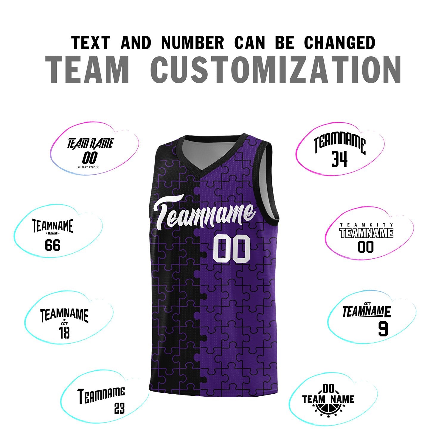 Custom Black Purple Splid Basketball Kits With Puzzle Pattern