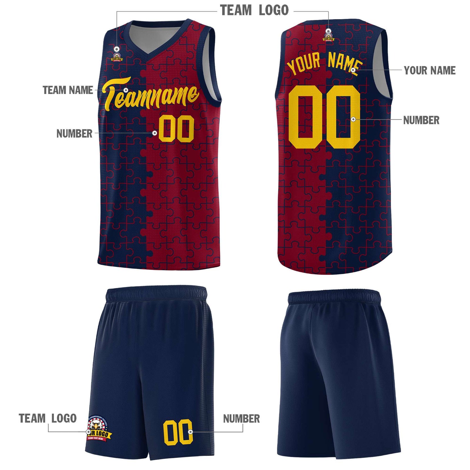 Custom Navy Crimson Splid Basketball Kits With Puzzle Pattern