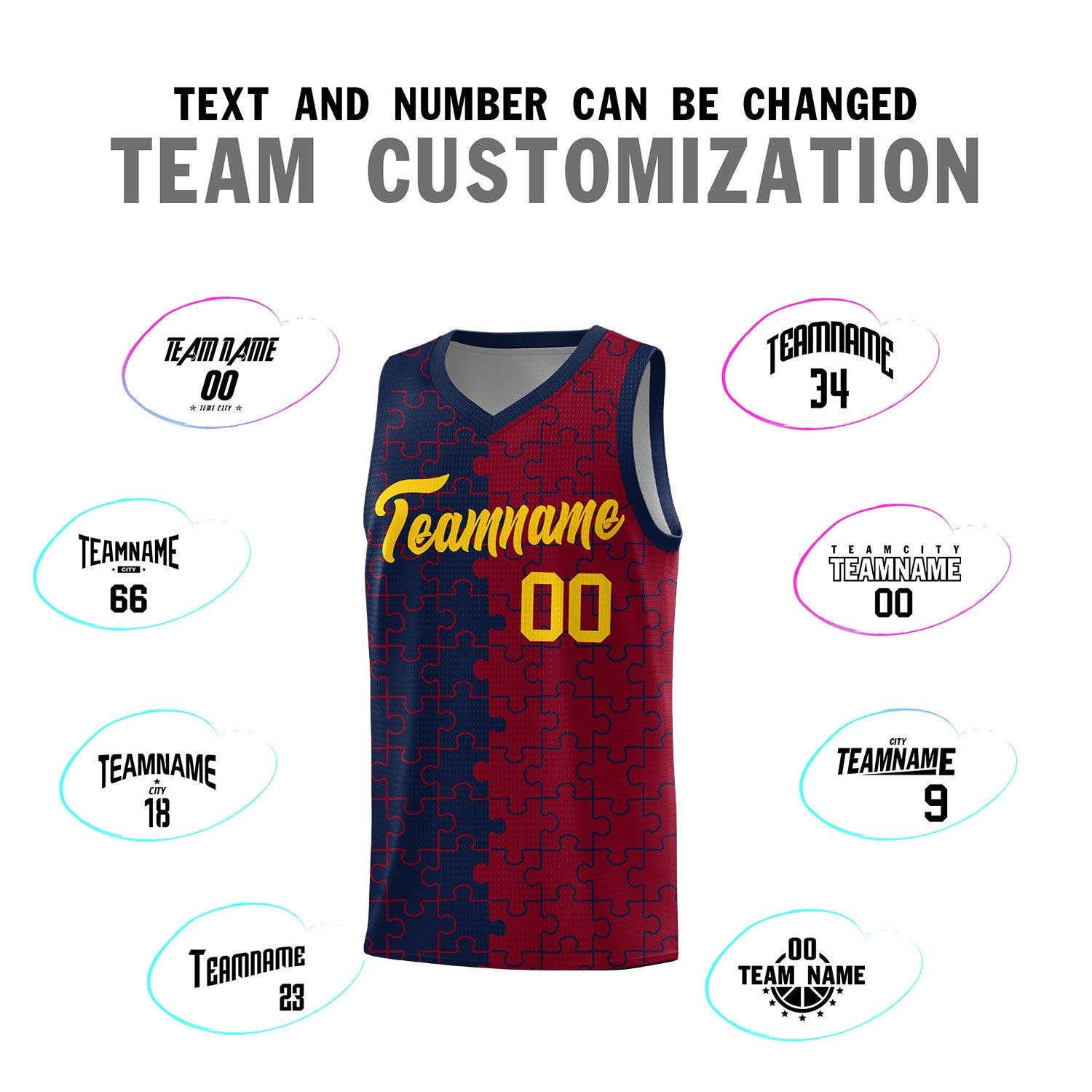 Custom Navy Crimson Splid Basketball Kits With Puzzle Pattern