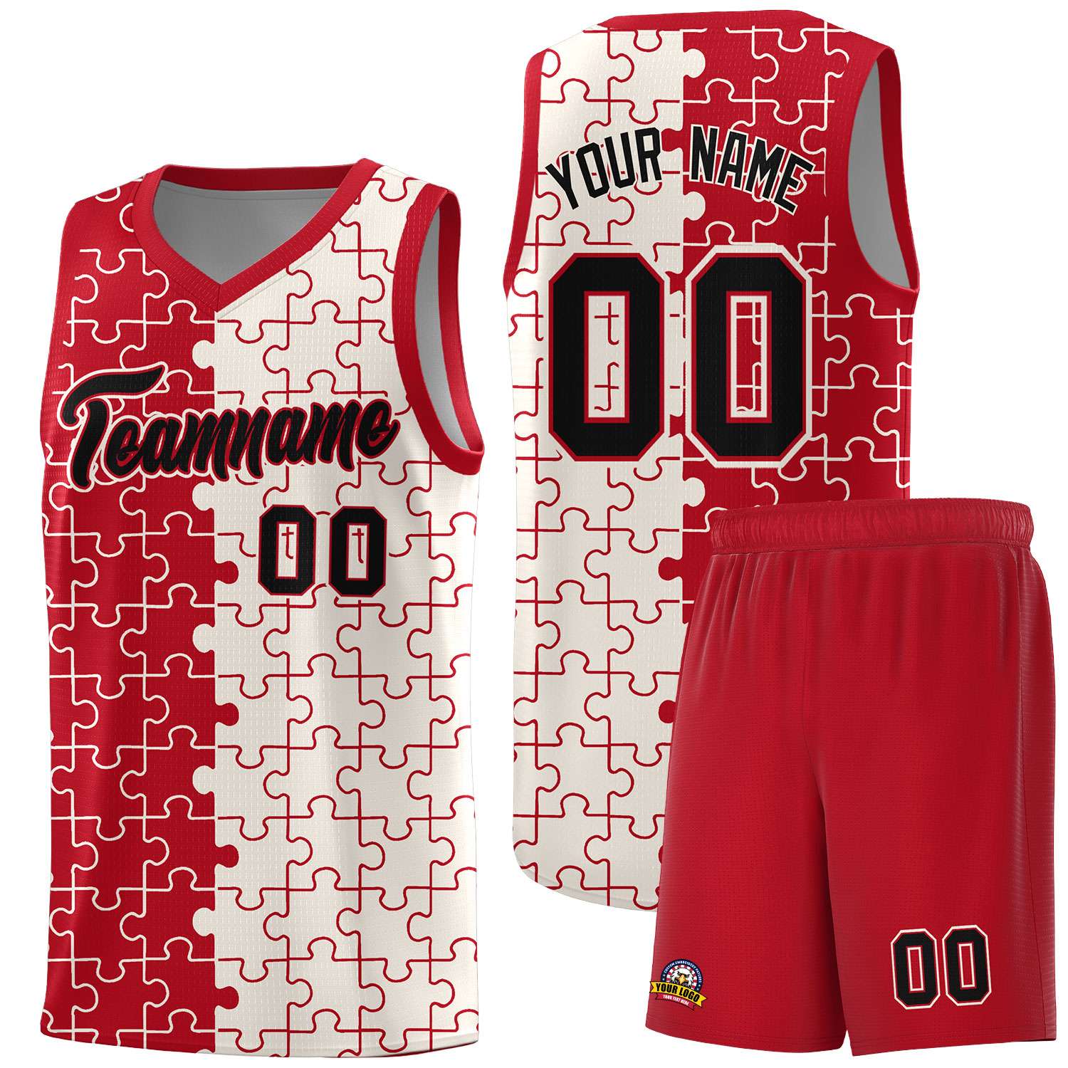 Custom Red Cream Splid Basketball Kits With Puzzle Pattern