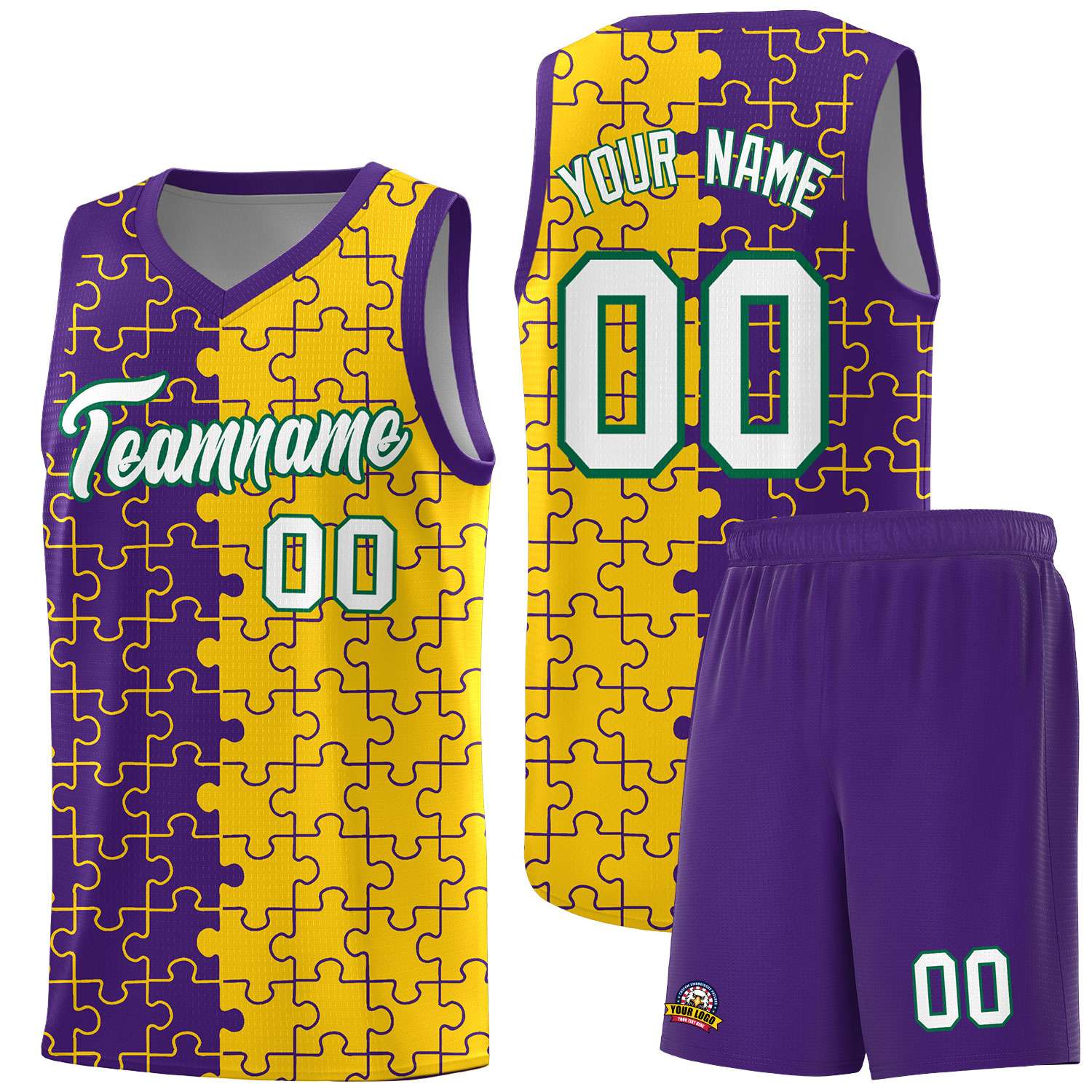 Custom Purple Gold Splid Basketball Kits With Puzzle Pattern