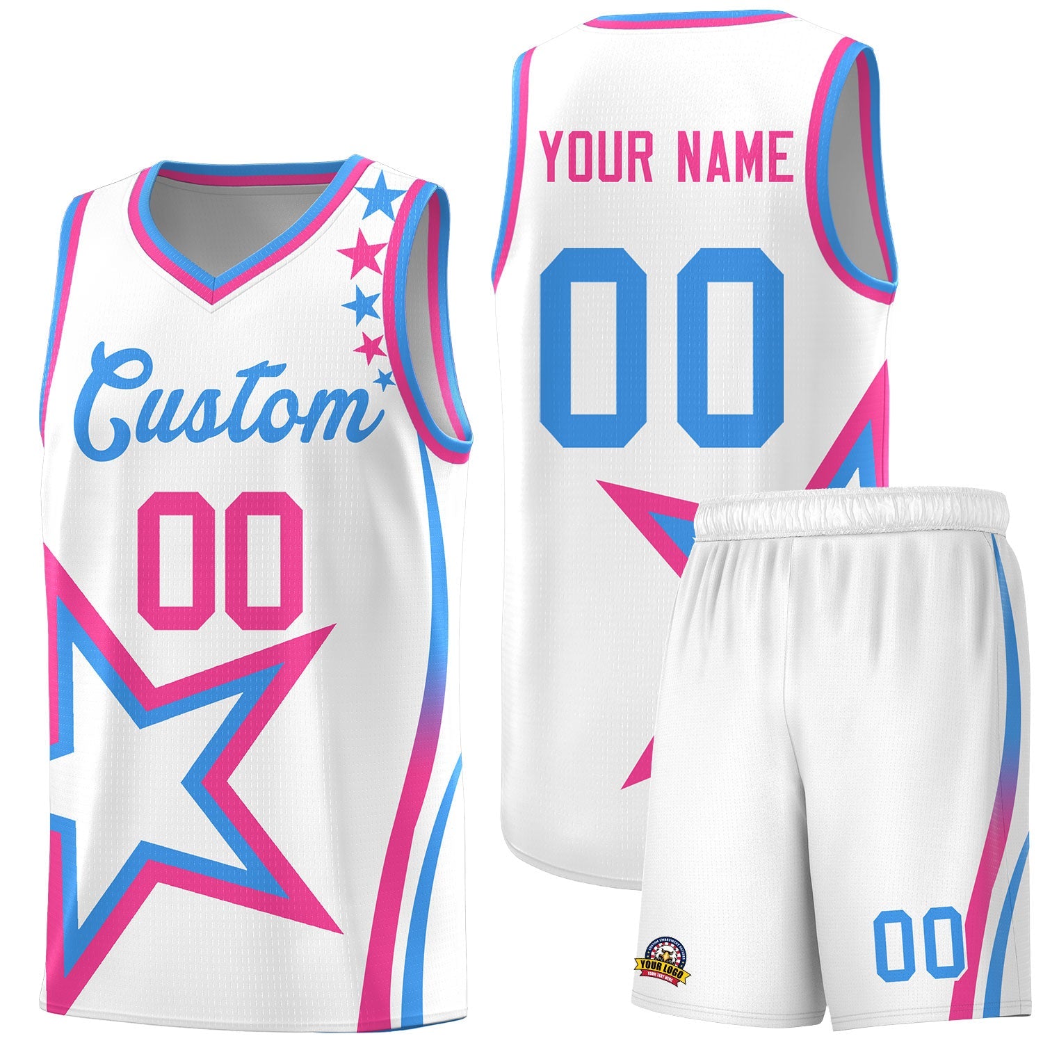 Custom White Shoulder Stars Graffiti Pattern Sets Basketball Jersey
