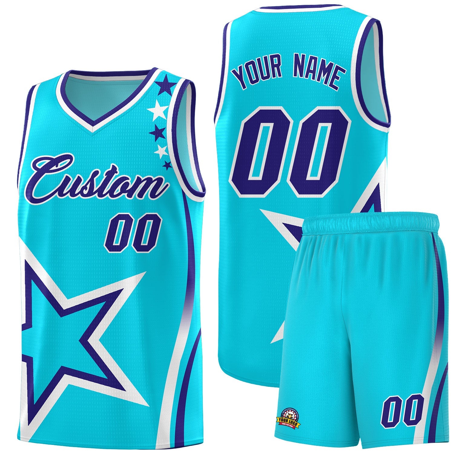 Custom Sky Blue Shoulder Stars Graffiti Pattern Sets Basketball Jersey