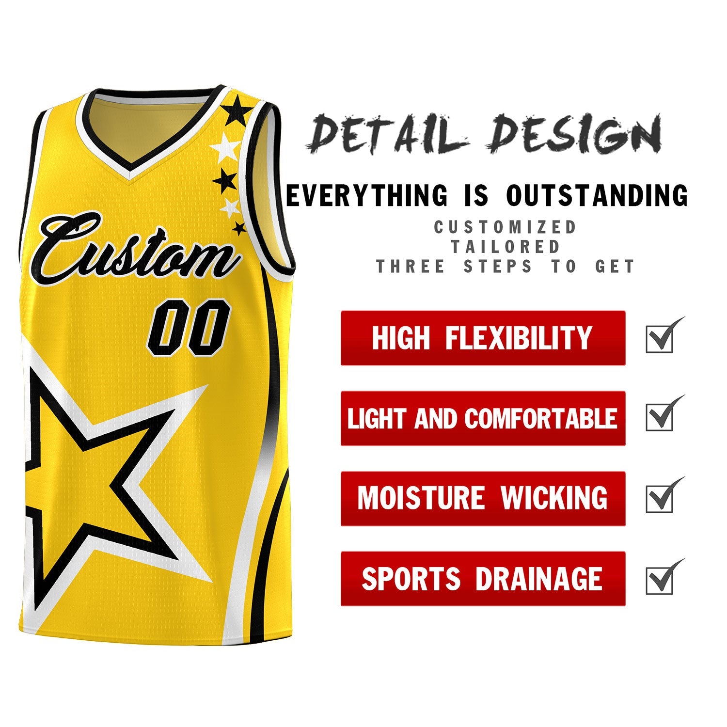 Custom Gold Shoulder Stars Graffiti Pattern Sets Basketball Jersey