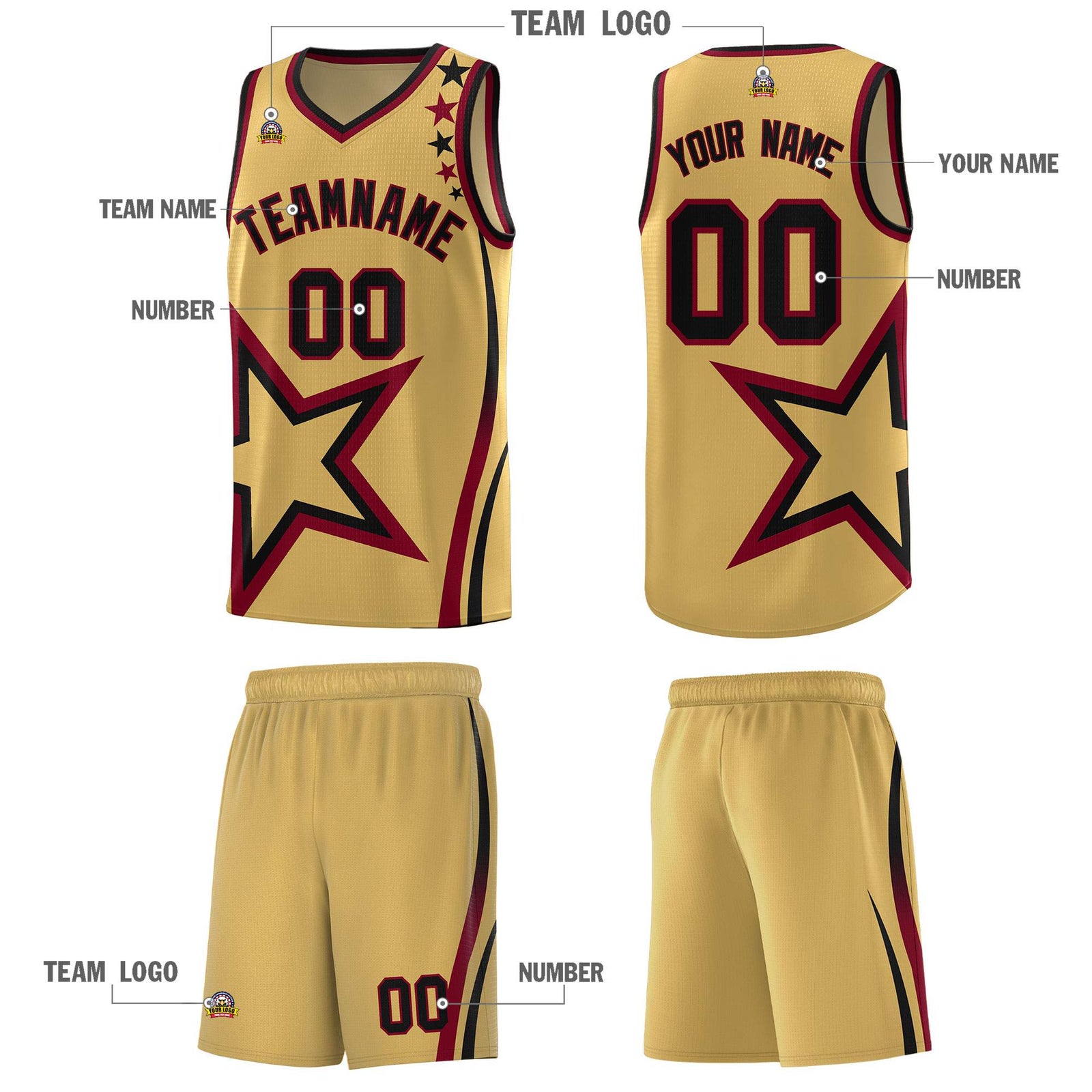 Custom Old Gold Shoulder Stars Graffiti Pattern Sets Basketball Jersey