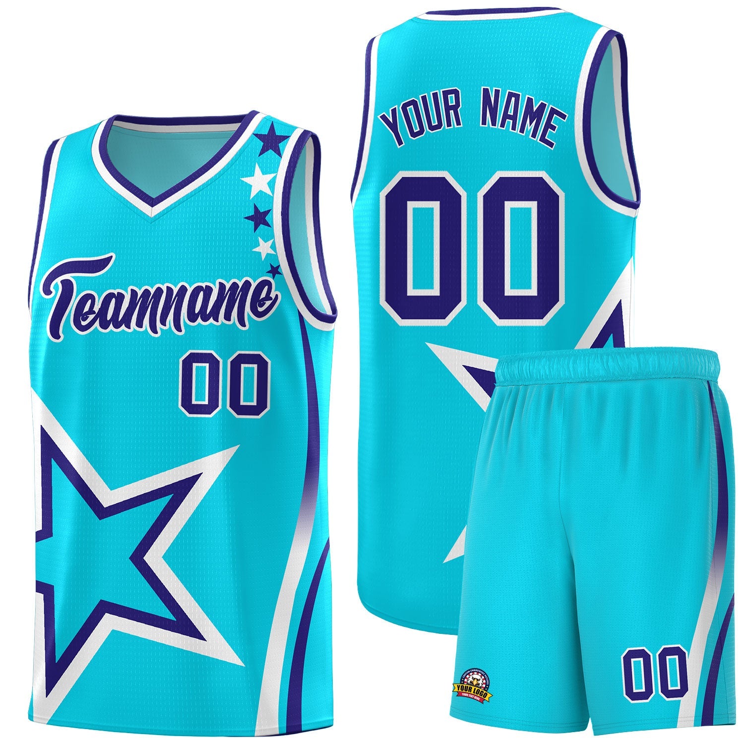 Custom Sky Blue Shoulder Stars Graffiti Pattern Sets Basketball Jersey