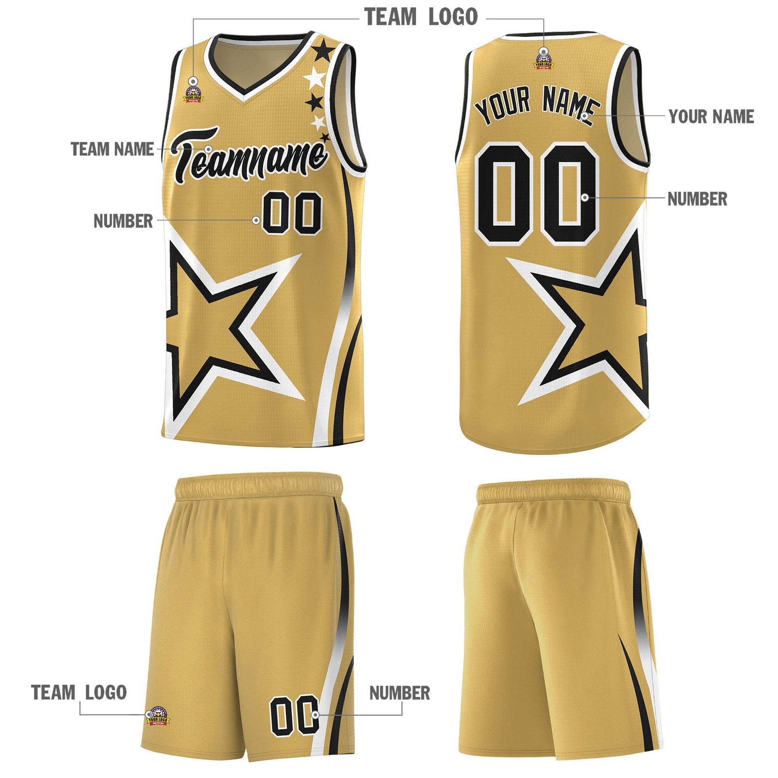 Custom Old Gold Shoulder Stars Graffiti Pattern Sets Basketball Jersey