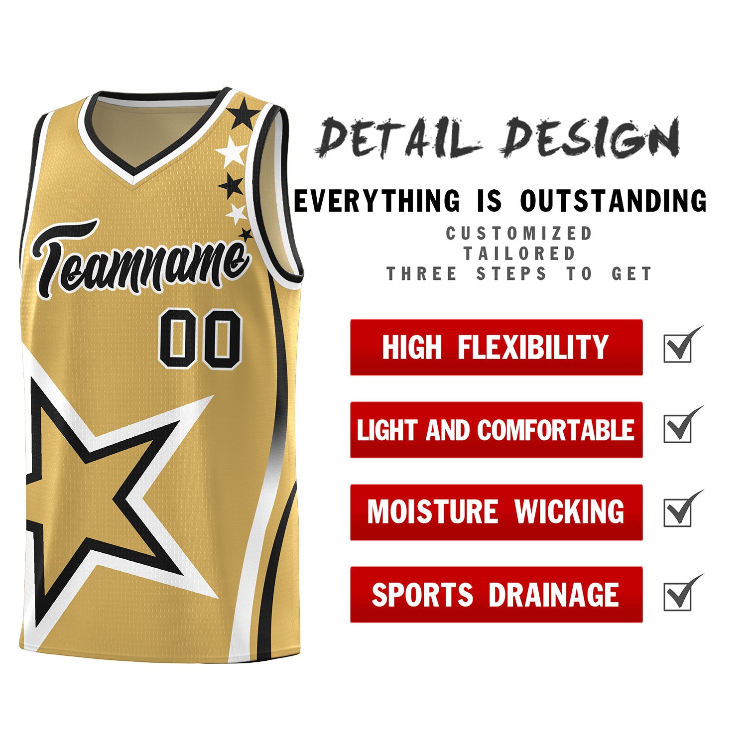 Custom Old Gold Shoulder Stars Graffiti Pattern Sets Basketball Jersey