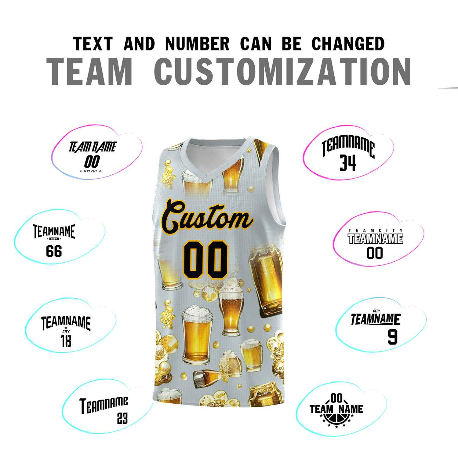 Custom Silver National Beer Day Personalized Beer Bubble Basketball Jersey | Perfect for parties | Dye-sublimation printing | KXKSHOP