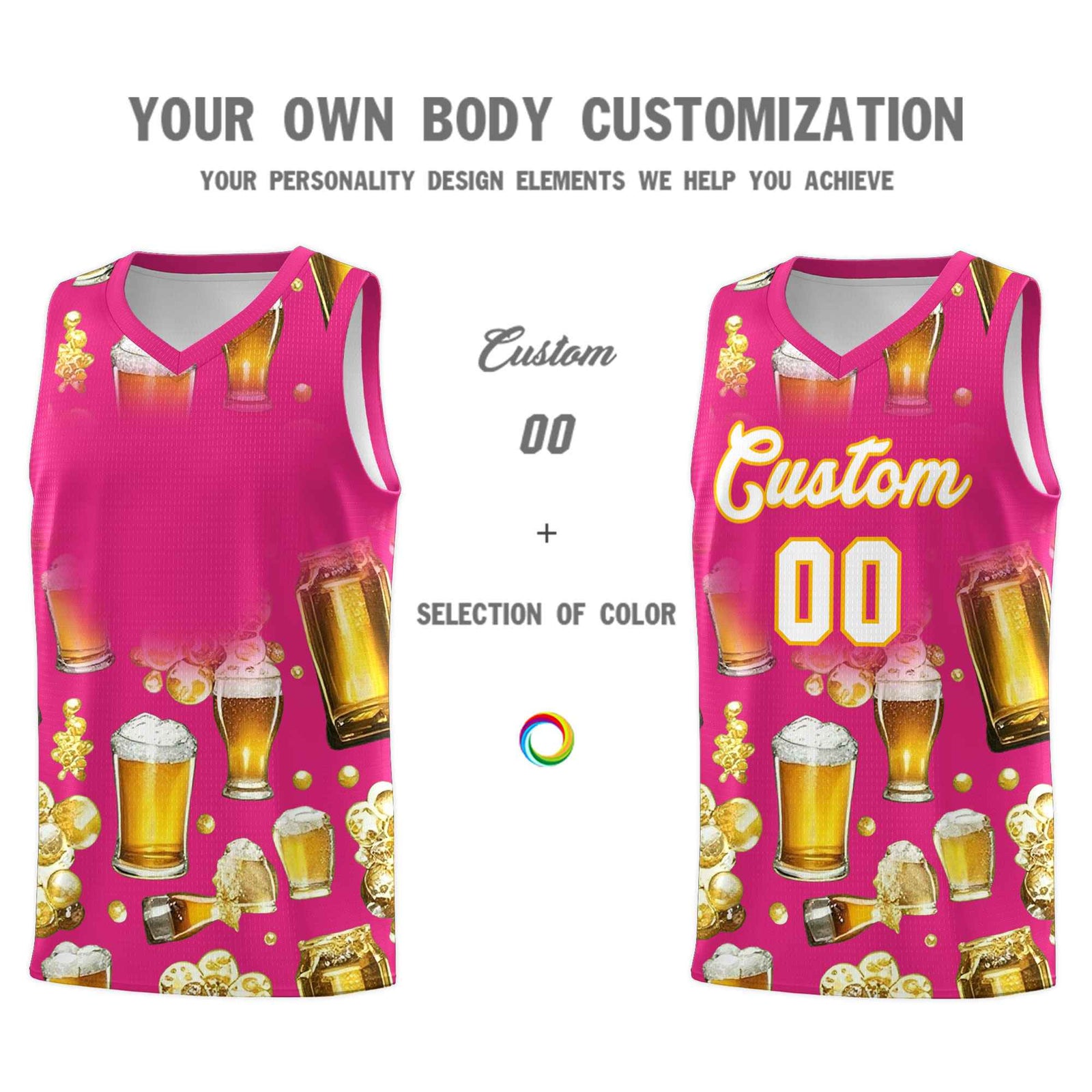 Custom Rose Red National Beer Day Personalized Beer Bubble Basketball Jersey | Perfect for parties | Dye-sublimation printing | KXKSHOP