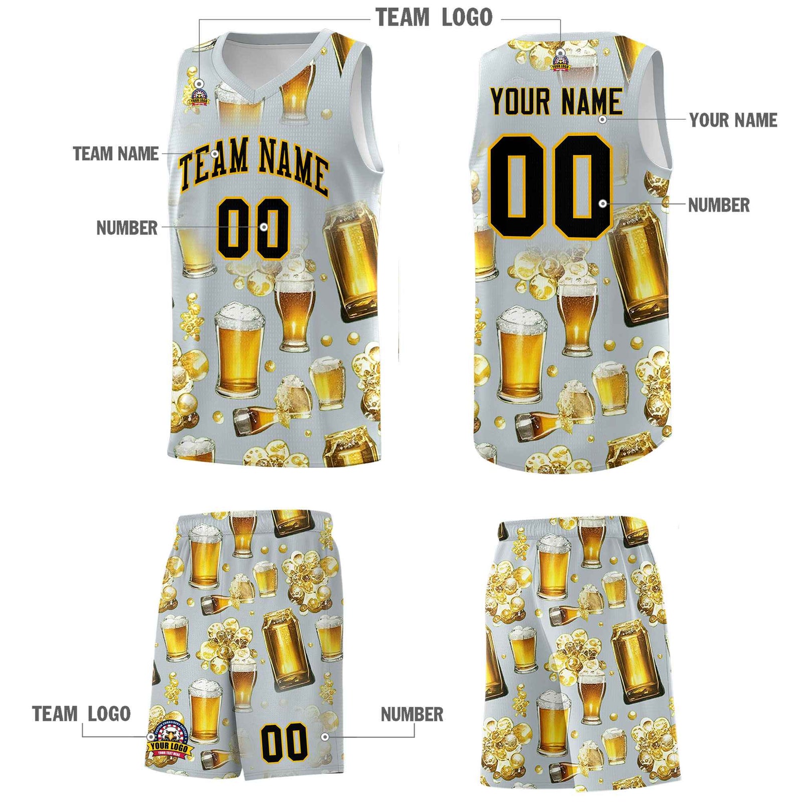 Custom Silver National Beer Day Personalized Beer Bubble Basketball Jersey | Perfect for parties | Dye-sublimation printing | KXKSHOP