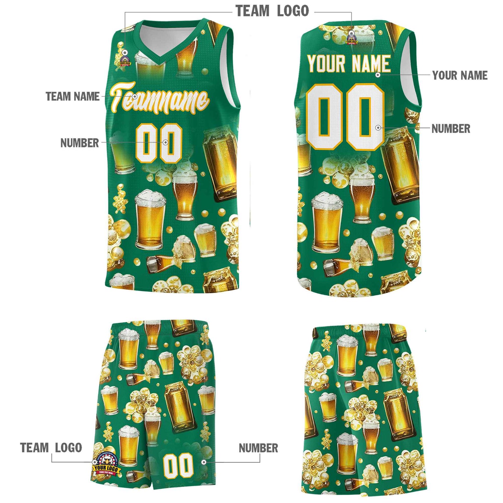 Custom Kelly Green National Beer Day Personalized Beer Bubble Basketball Jersey | Perfect for parties | Dye-sublimation printing | KXKSHOP