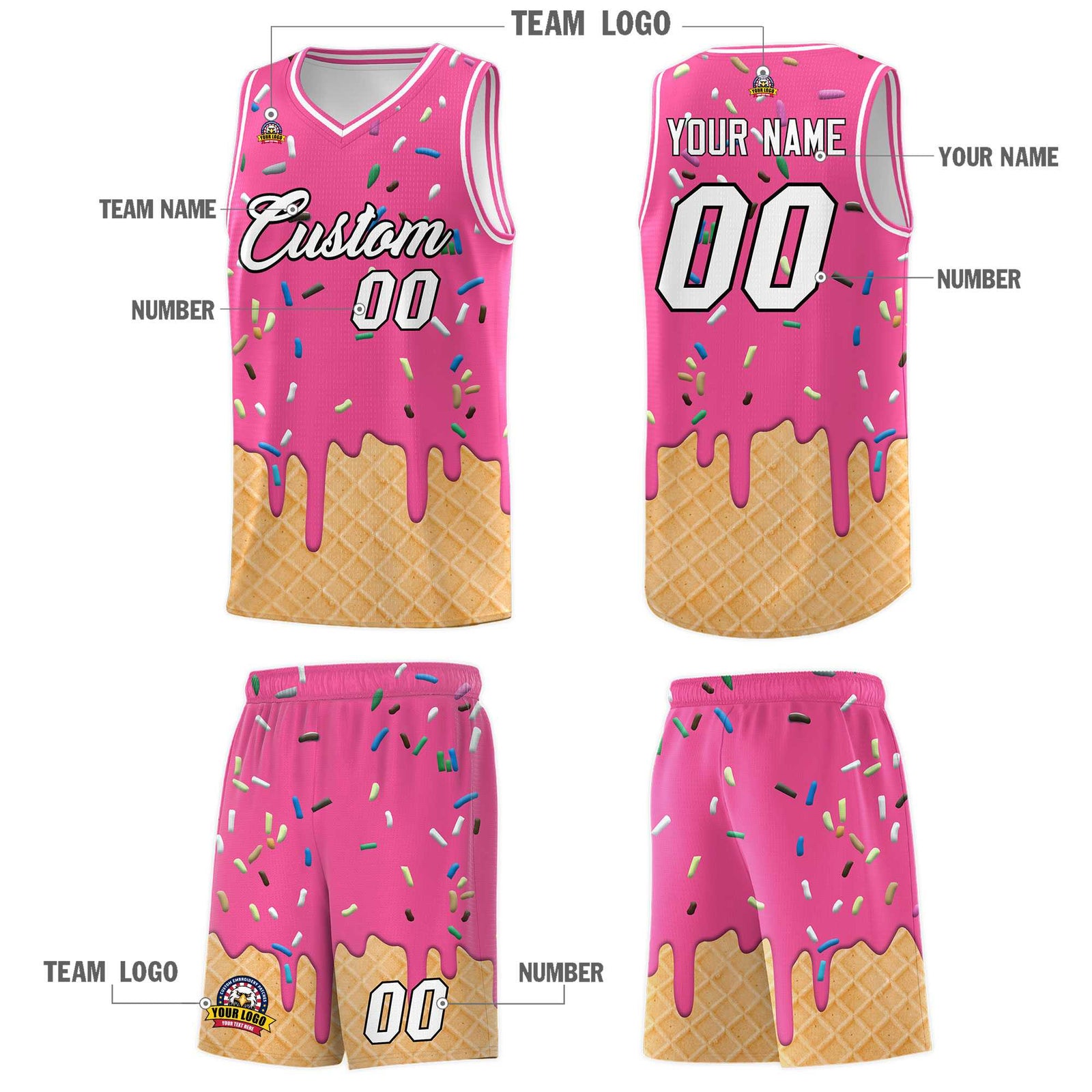 Custom Pink Basketball Kits with Ice Cream Element Pattern