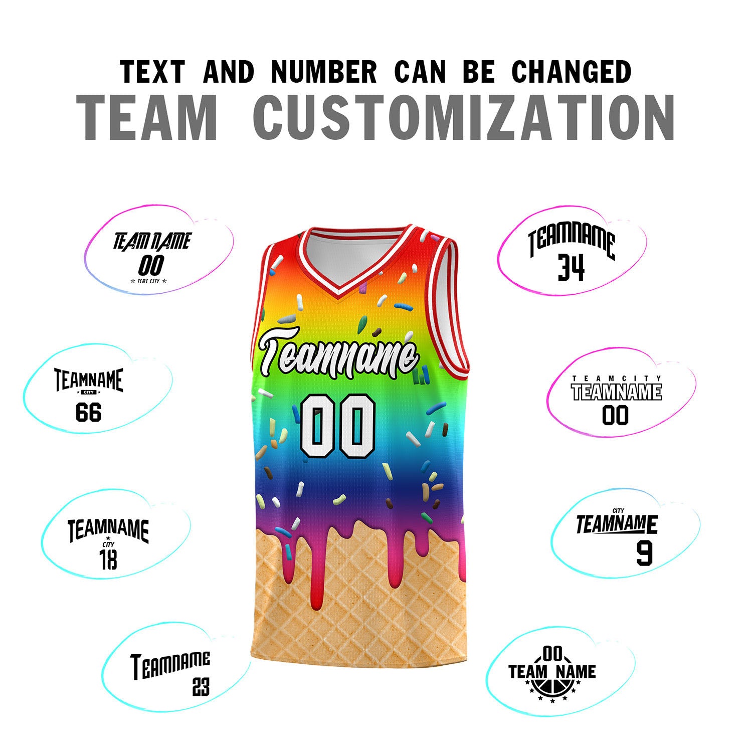Custom Rainbow Basketball Kits with Ice Cream Element Pattern