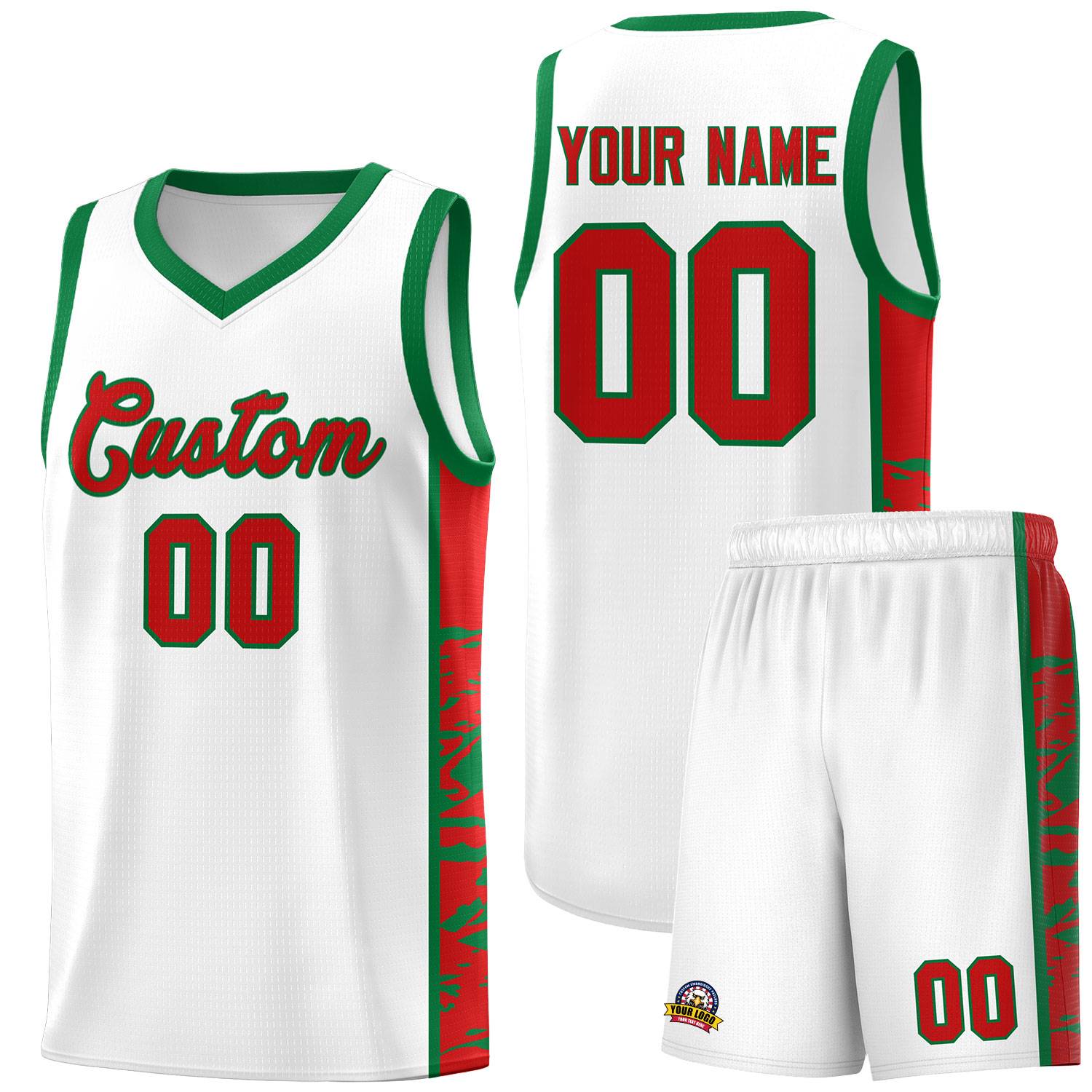 Custom White Kelly Green Side Gradient Pattern Basketball Kits