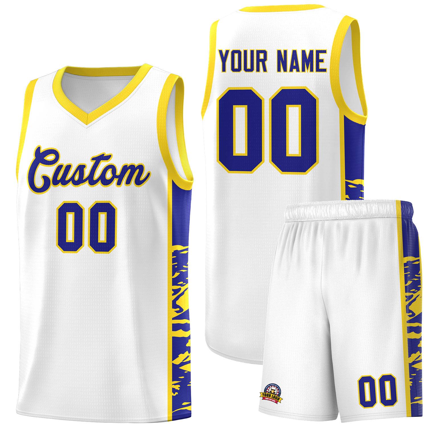 Custom White Gold Side Gradient Pattern Basketball Kits