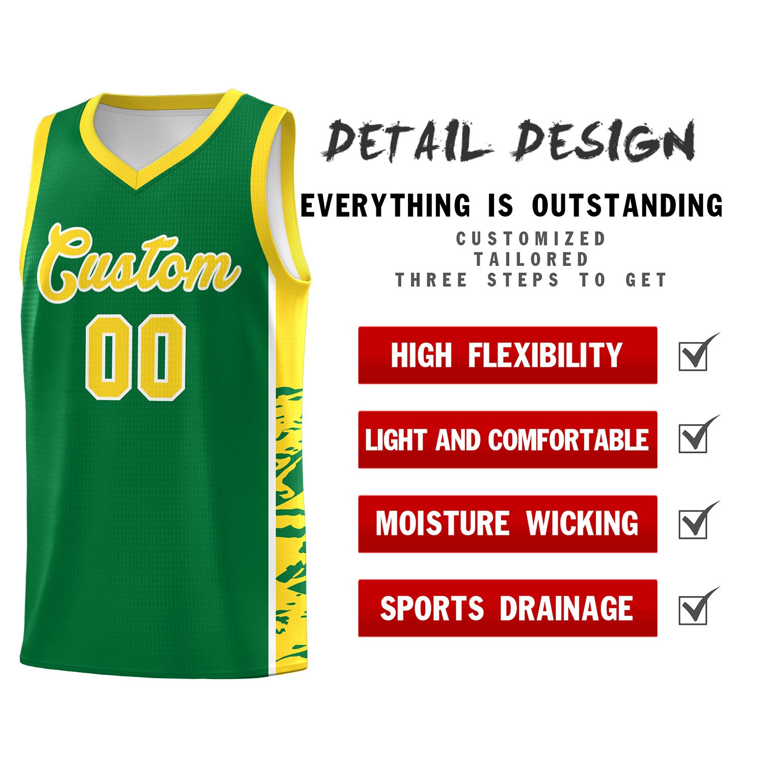 Custom Kelly Green Gold Side Gradient Pattern Basketball Kits