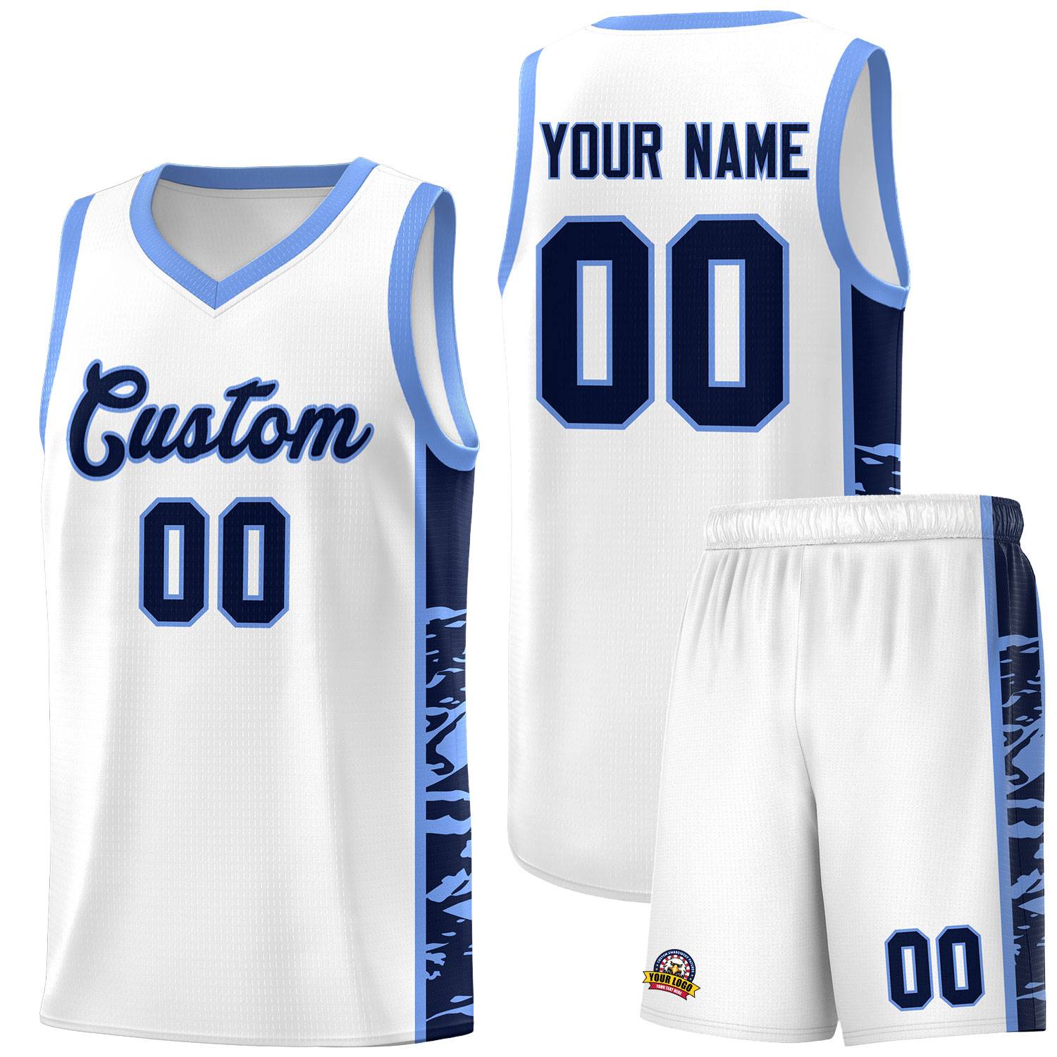 Custom White Light Blue Side Gradient Pattern Basketball Kits