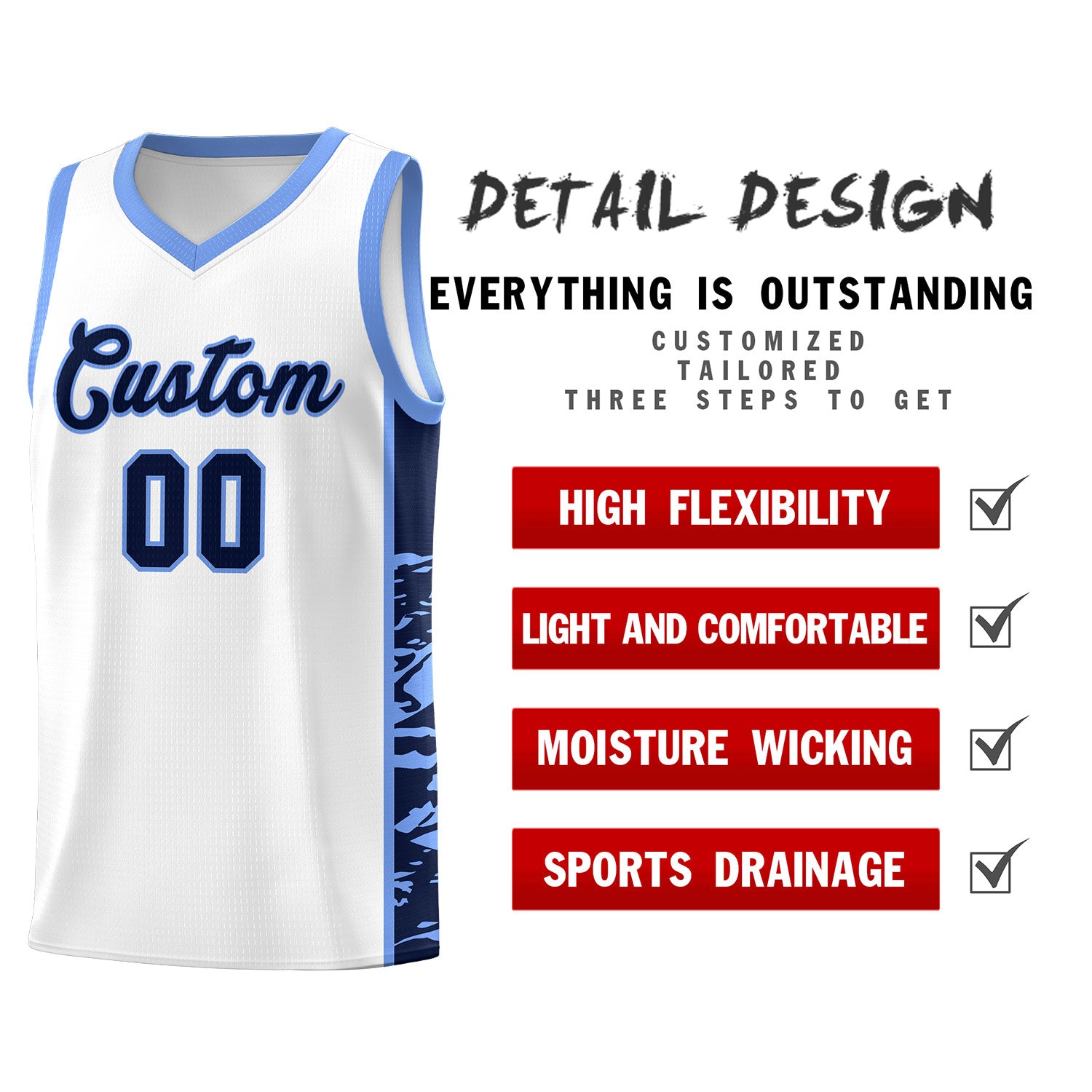 Custom White Light Blue Side Gradient Pattern Basketball Kits