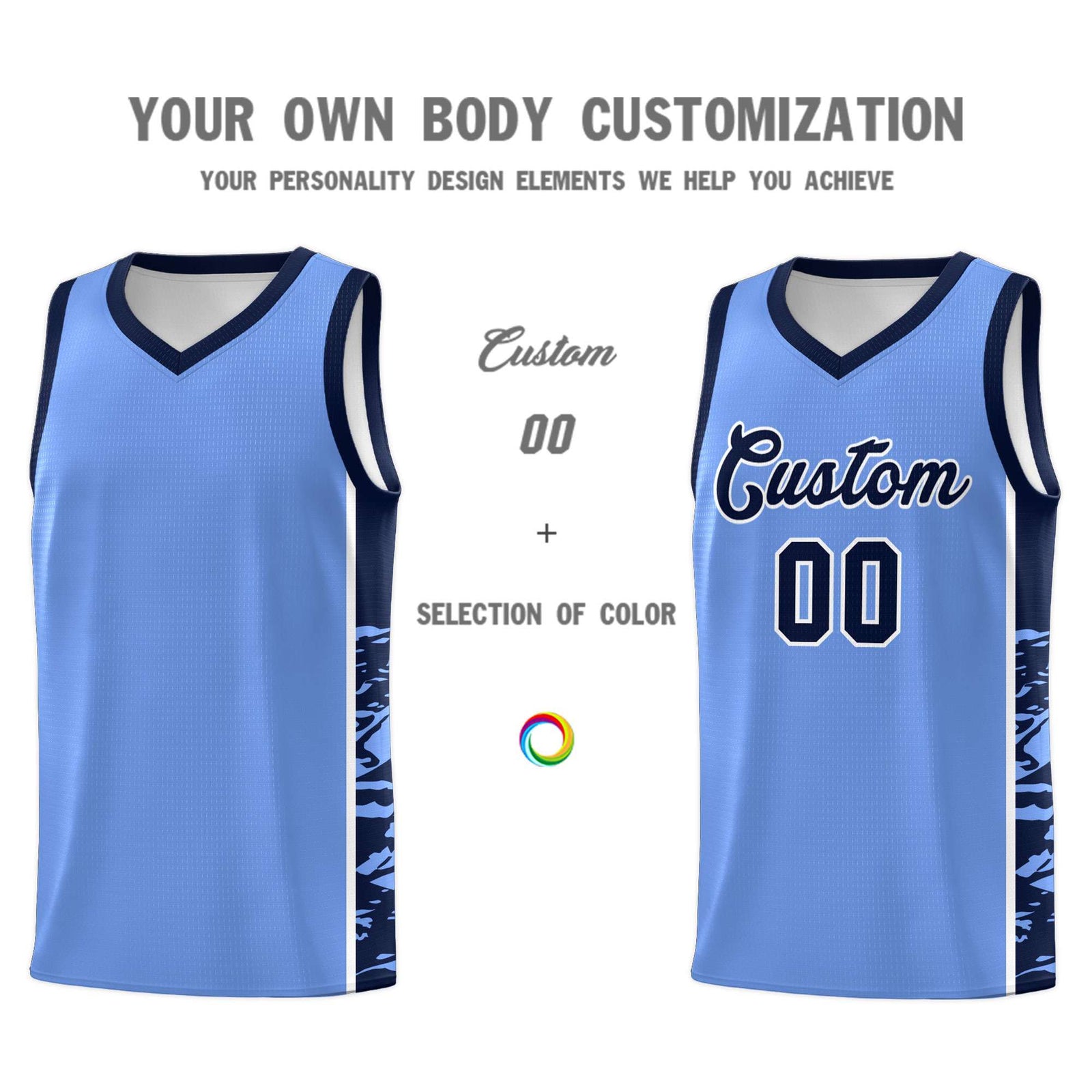 Custom Light Blue Navy Side Gradient Pattern Basketball Kits