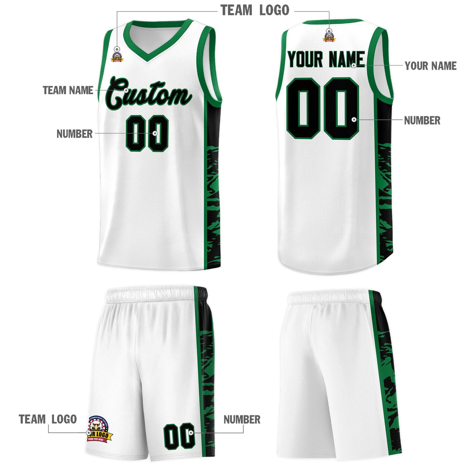 Custom White Kelly Green Side Gradient Pattern Basketball Kits