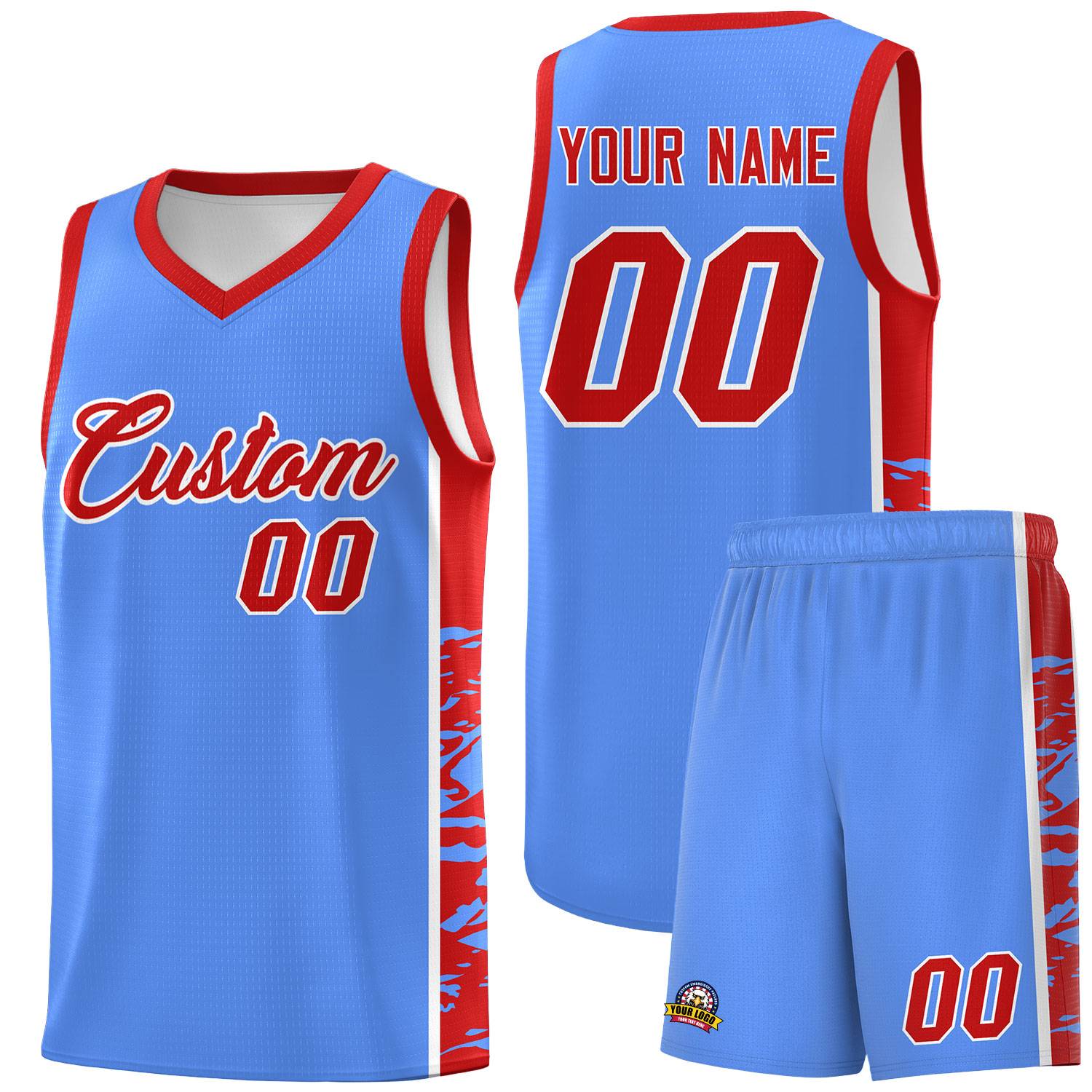 Custom Powder Blue Red Side Gradient Pattern Basketball Kits