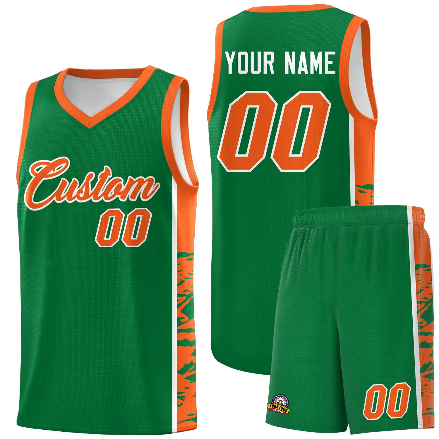 Custom Kelly Green Orange Side Gradient Pattern Basketball Kits