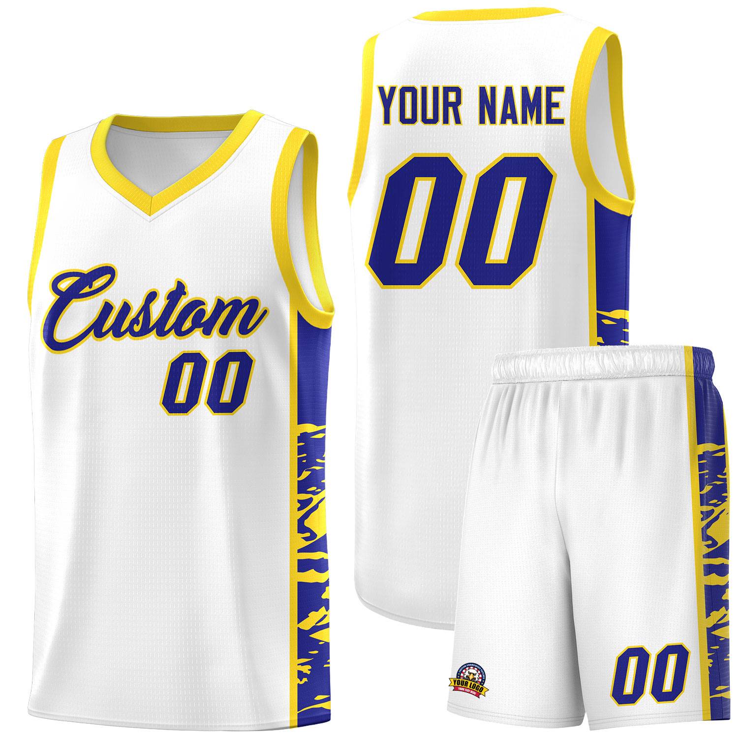 Custom White Gold Side Gradient Pattern Basketball Kits