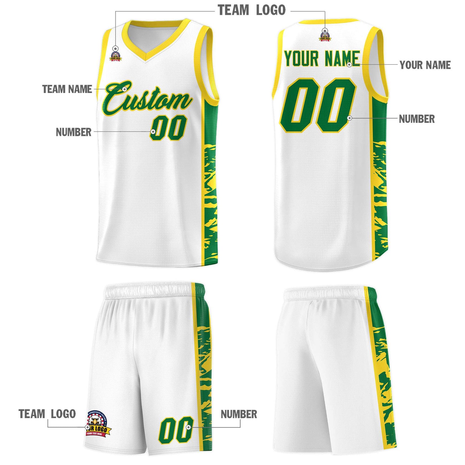 Custom White Gold Side Gradient Pattern Basketball Kits