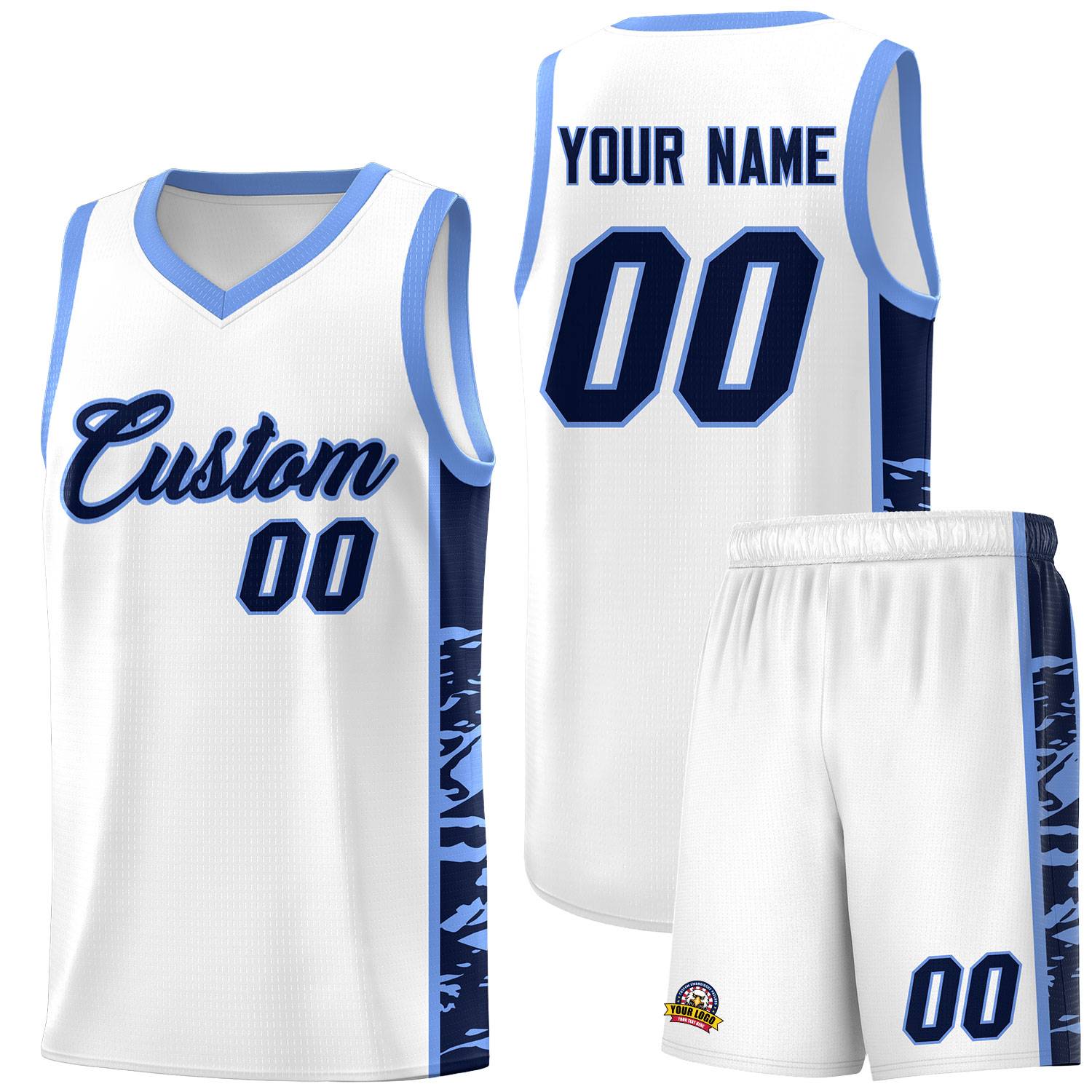 Custom White Light Blue Side Gradient Pattern Basketball Kits