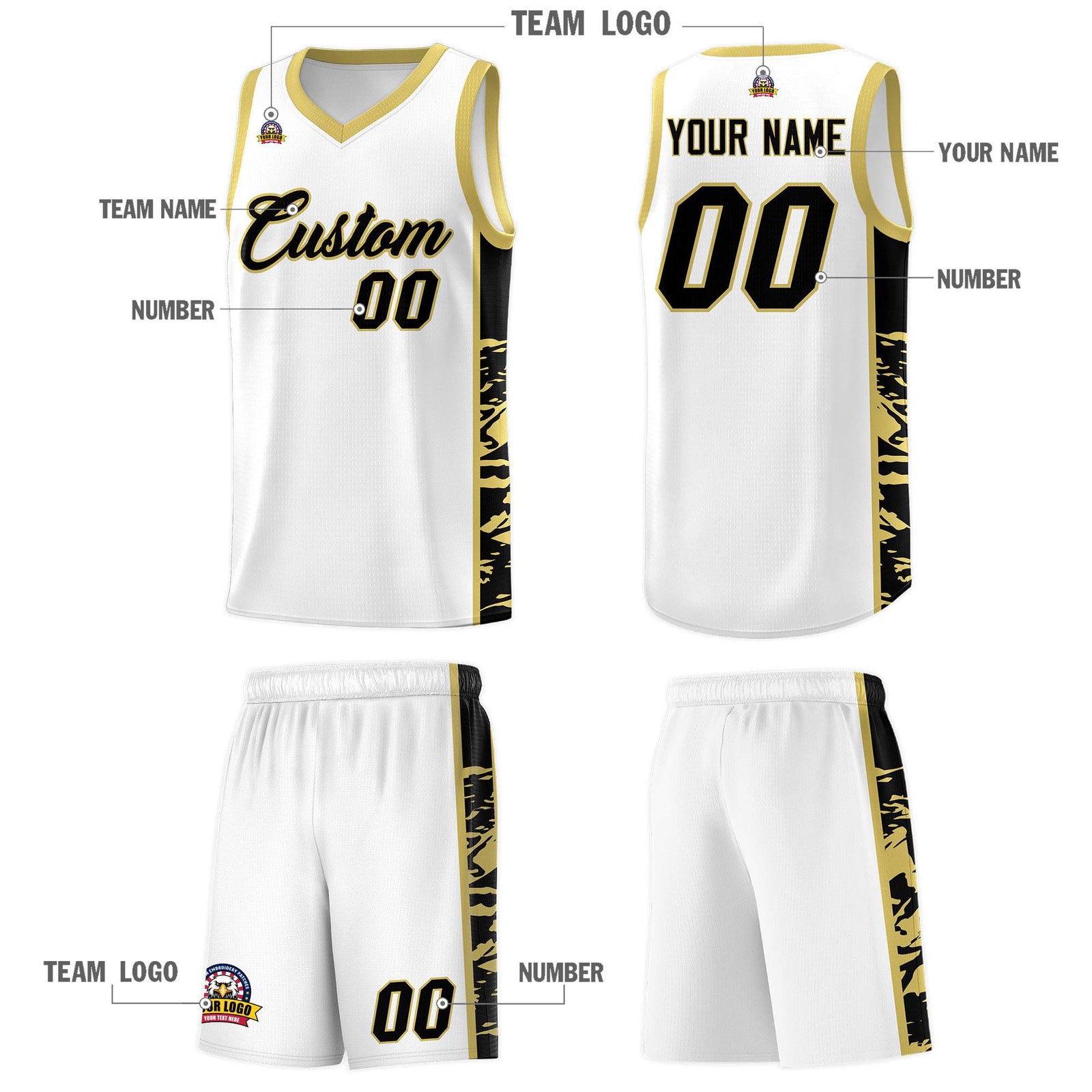Custom White Old Gold Side Gradient Pattern Basketball Kits