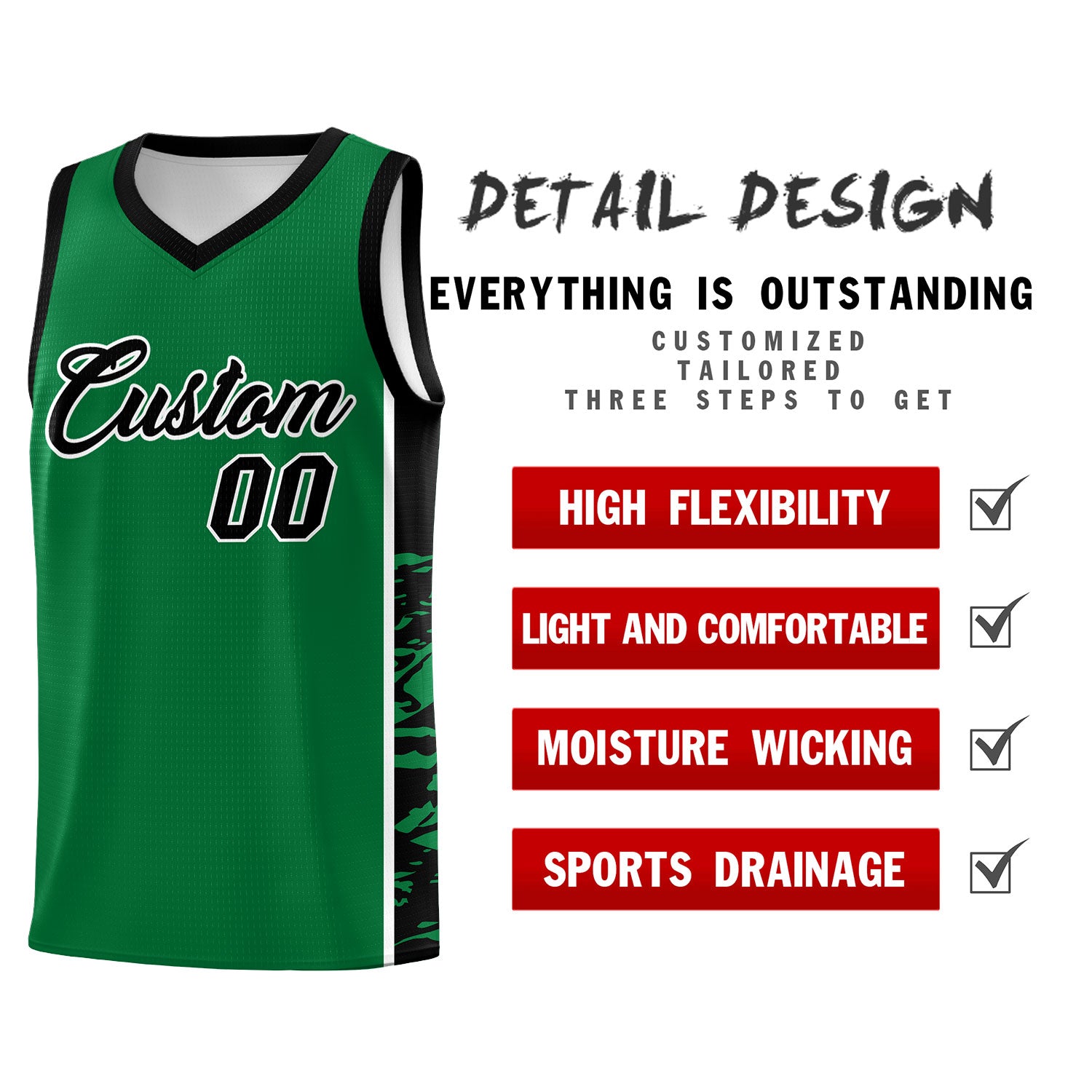 Custom Kelly Green Black Side Gradient Pattern Basketball Kits