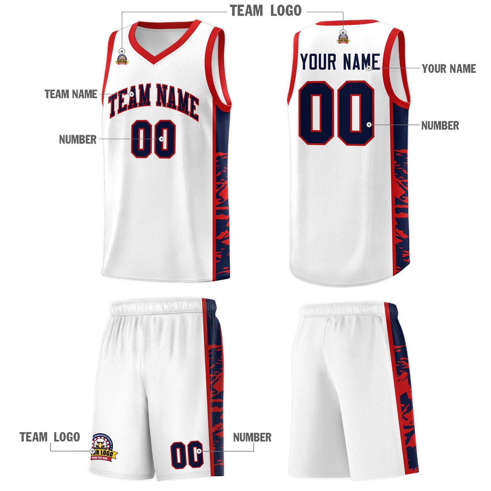 Custom White Red Side Gradient Pattern Basketball Kits
