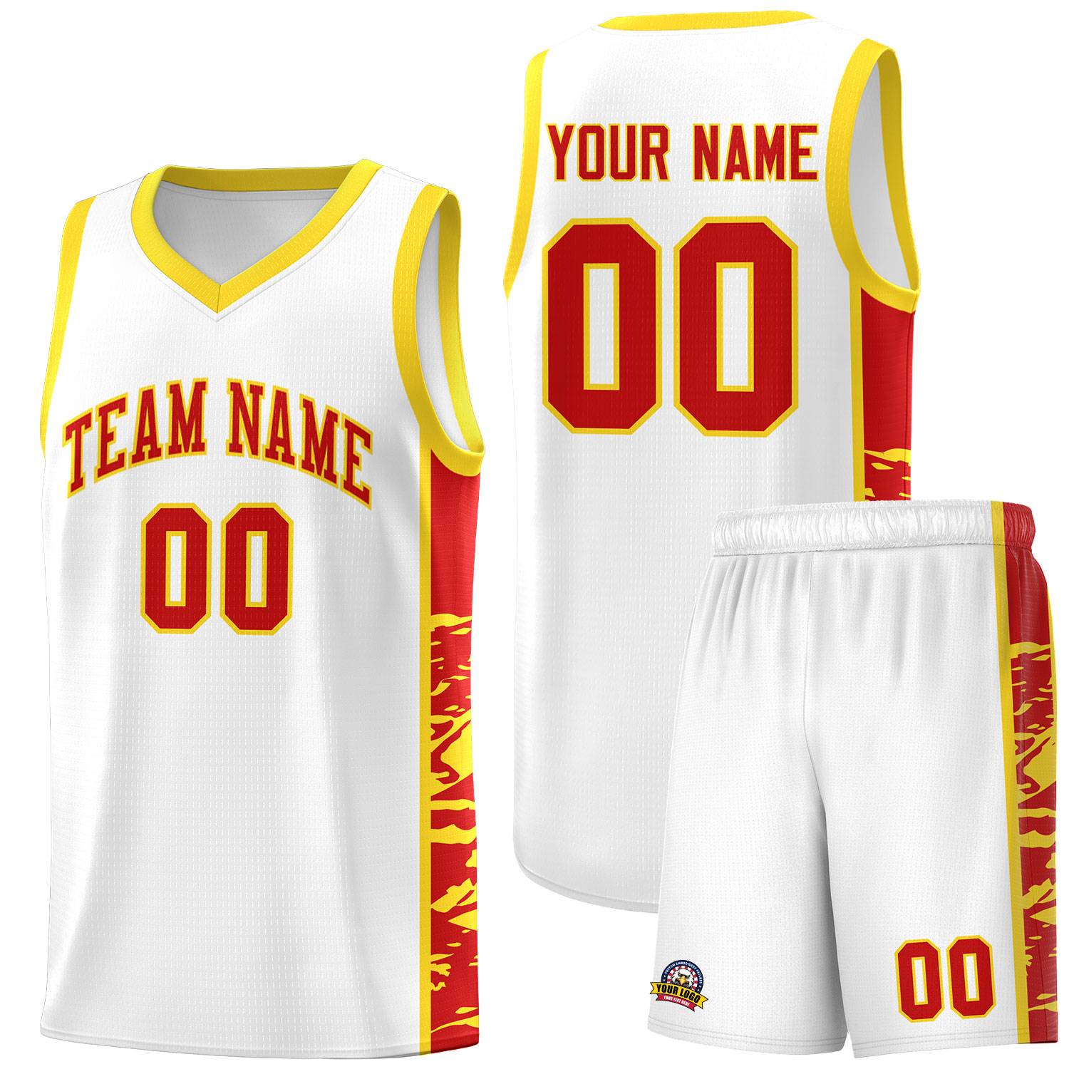 Custom White Gold Side Gradient Pattern Basketball Kits