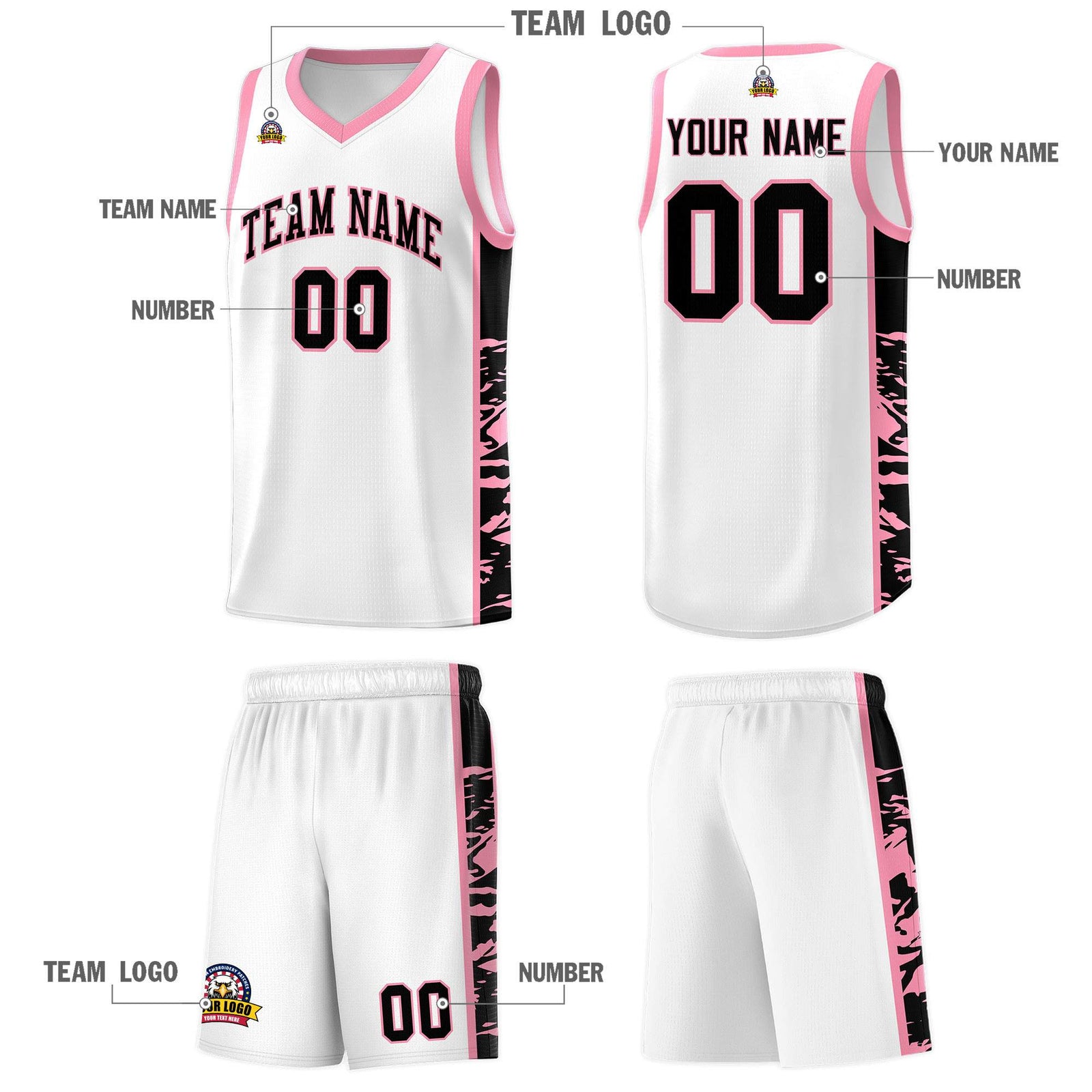 Custom White Light Pink Side Gradient Pattern Basketball Kits
