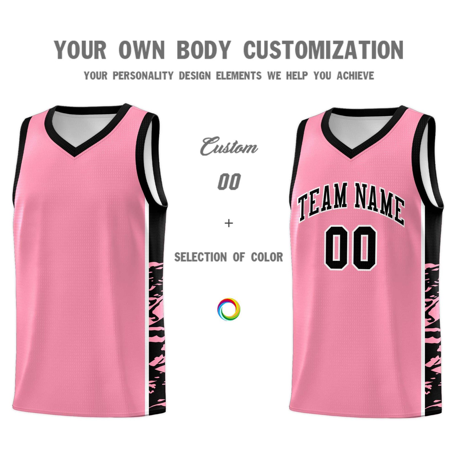 Custom Light Pink Black Side Gradient Pattern Basketball Kits