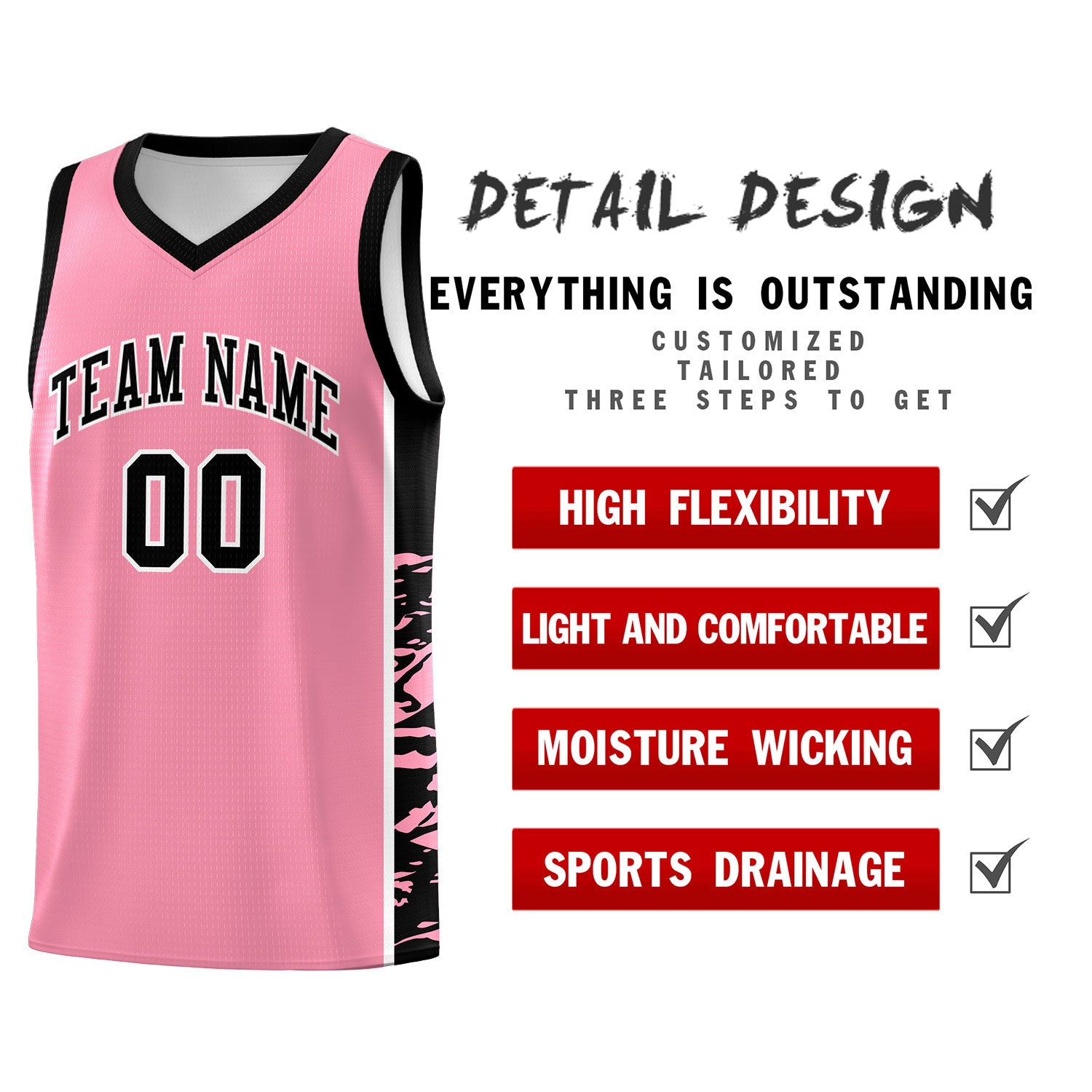 Custom Light Pink Black Side Gradient Pattern Basketball Kits