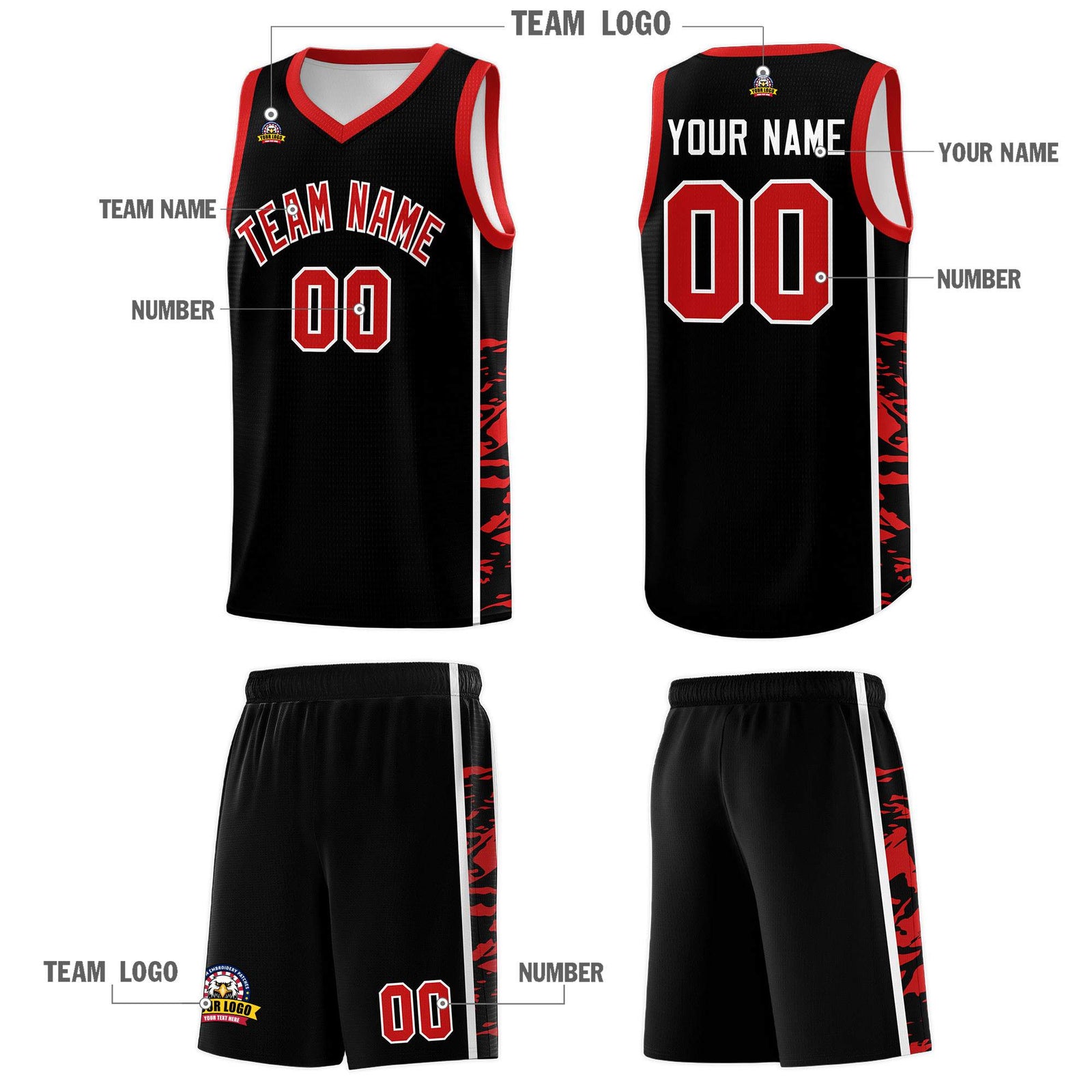 Custom Black Red Side Gradient Pattern Basketball Kits